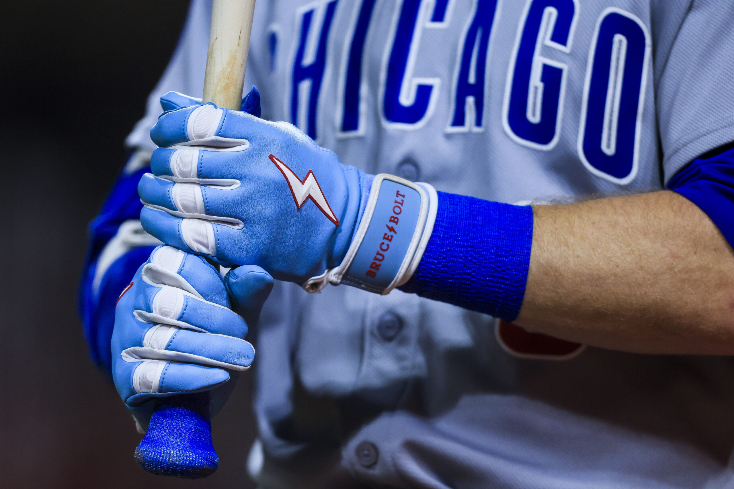 Sep 19, 2025; Cincinnati, Ohio, USA; A detail view as Chicago Cubs outfielder Ian Happ (8) prepares on deck in the ninth inning against the Cincinnati Reds at Great American Ball Park. Mandatory Credit: Katie Stratman-Imagn Images