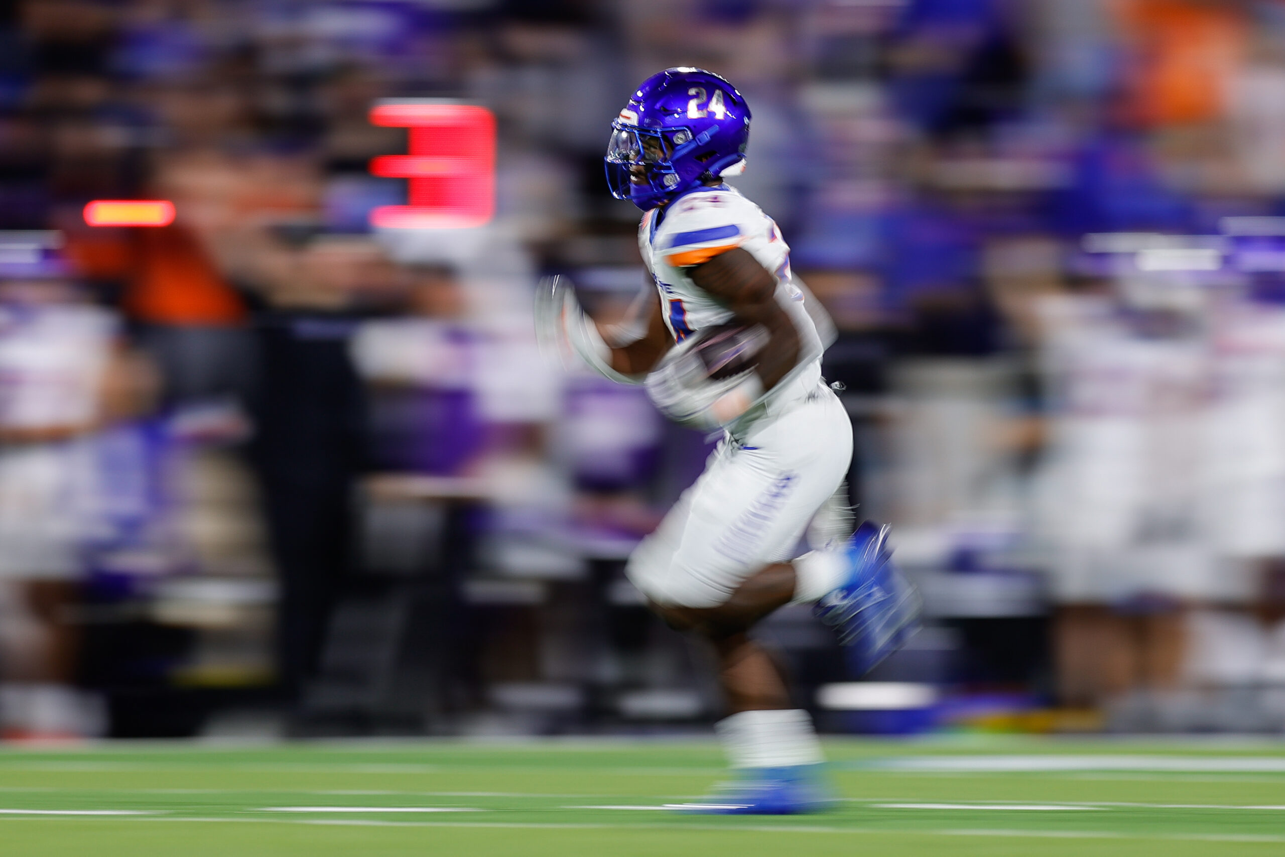 Sep 20, 2025; Colorado Springs, Colorado, USA; Boise State Broncos running back Dylan Riley (24) runs the ball for a touchdown in the fourth quarter against the Air Force Falcons at Falcon Stadium. Mandatory Credit: Isaiah J. Downing-Imagn Images