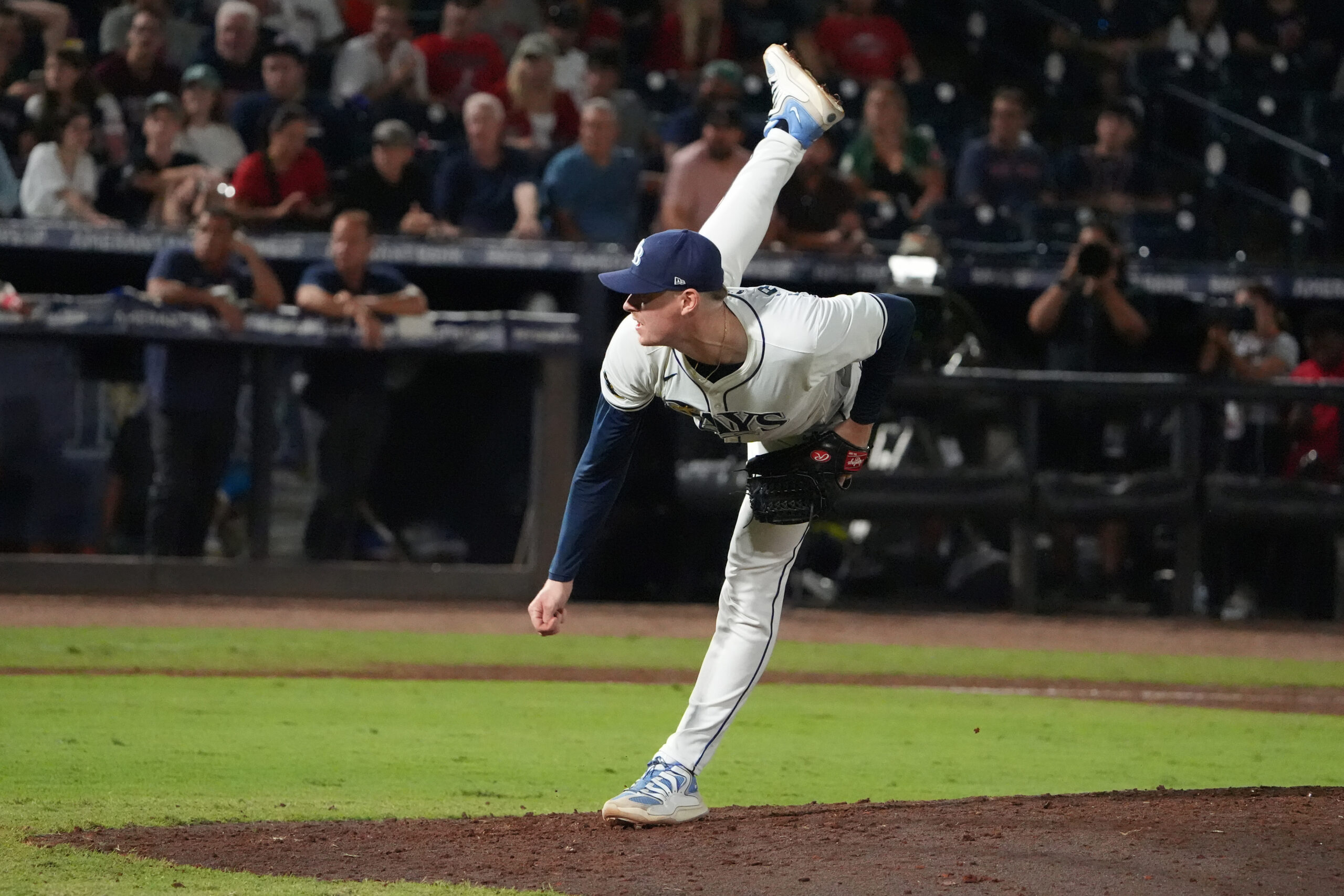 Sep 21, 2025; Tampa, Florida, USA; Tampa Bay Rays relief pitcher Pete Fairbanks (29) throws a pitch against the Boston Red Sox during the ninth inning at George M. Steinbrenner Field. Mandatory Credit: Dave Nelson-Imagn Images