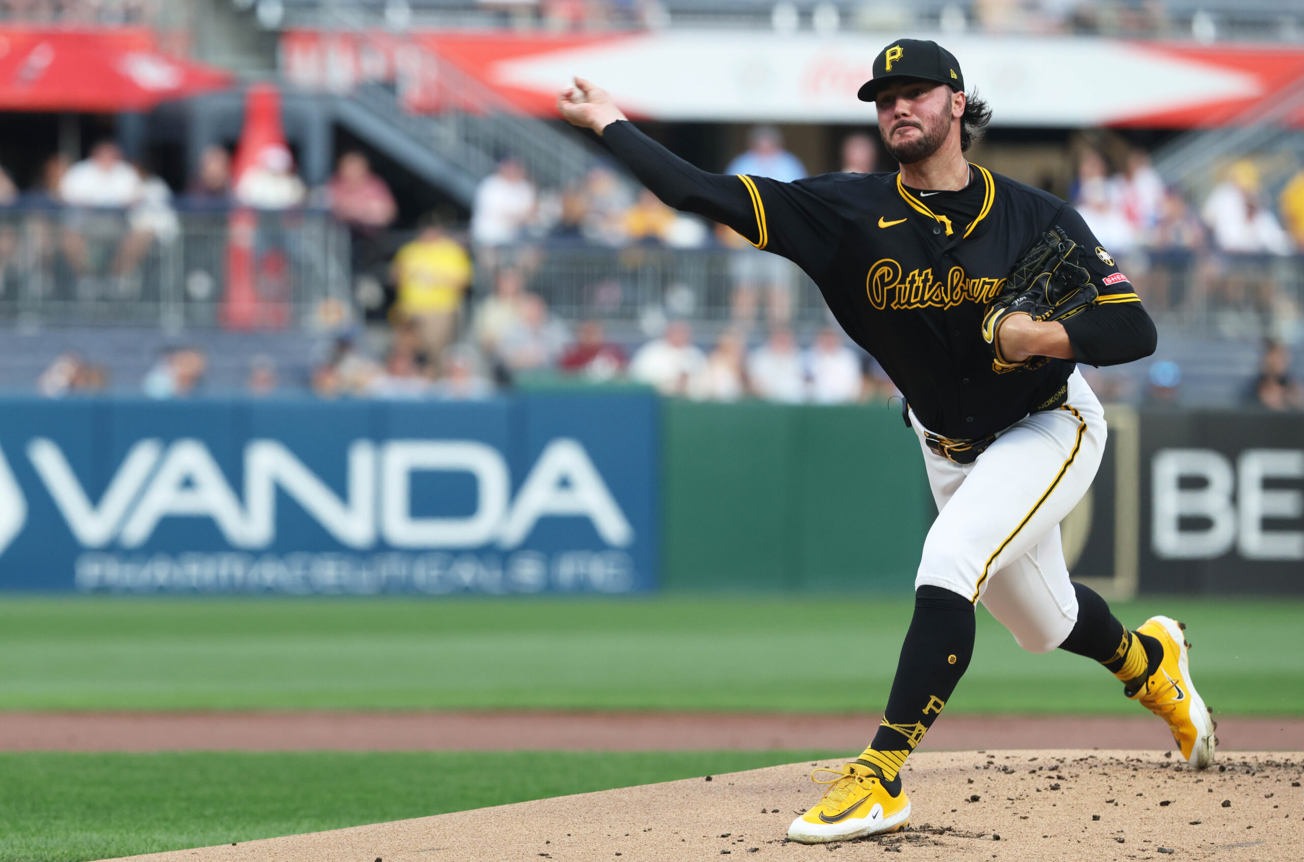 Sep 16, 2025; Pittsburgh, Pennsylvania, USA;  Pittsburgh Pirates starting pitcher Paul Skenes (30) delivers a pitch against the Chicago Cubs during the first inning at PNC Park. Mandatory Credit: Charles LeClaire-Imagn Images