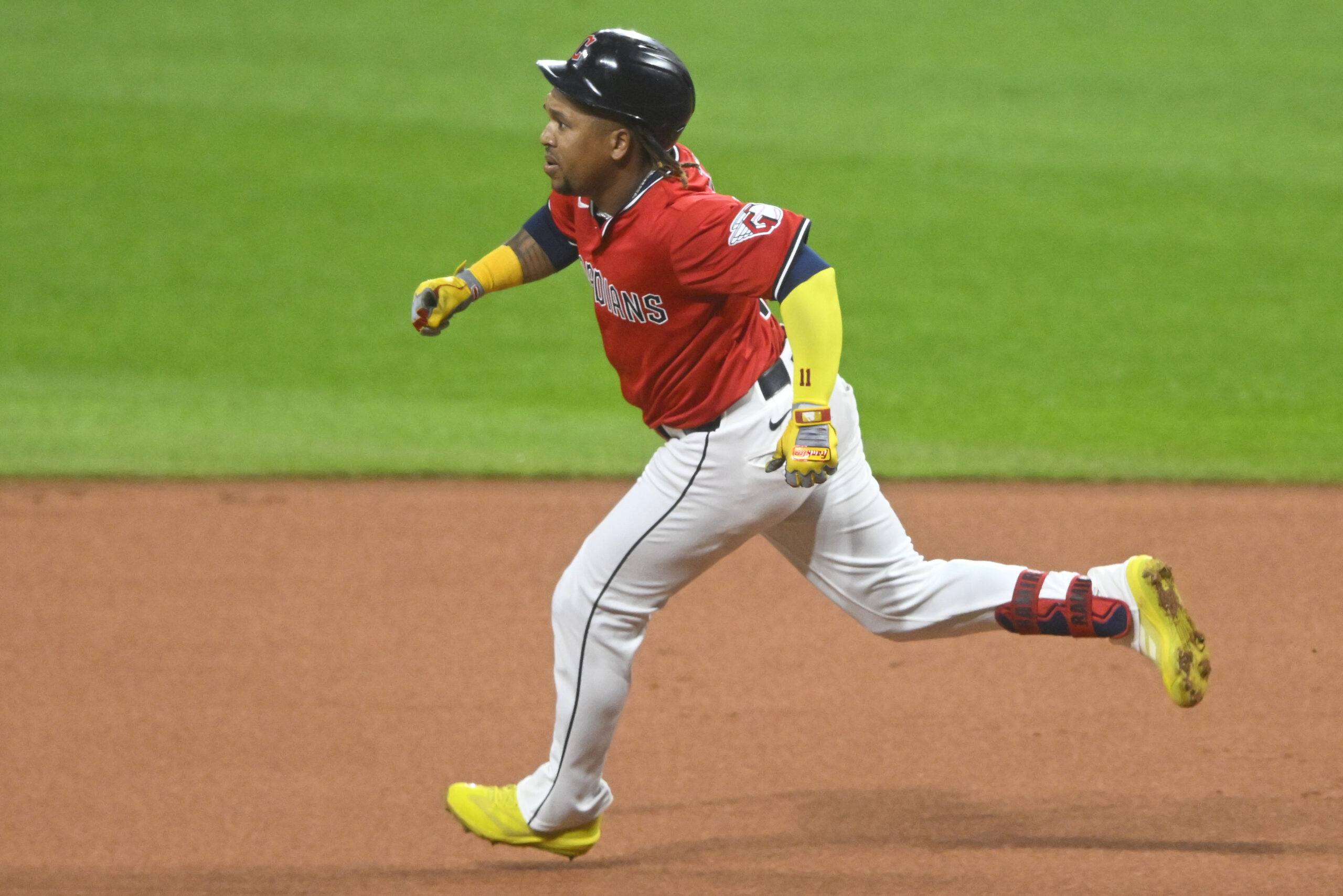 Sep 24, 2025; Cleveland, Ohio, USA; Cleveland Guardians third baseman Jose Ramirez (11) runs the bases in the first inning against the Detroit Tigers at Progressive Field. Mandatory Credit: David Richard-Imagn Images