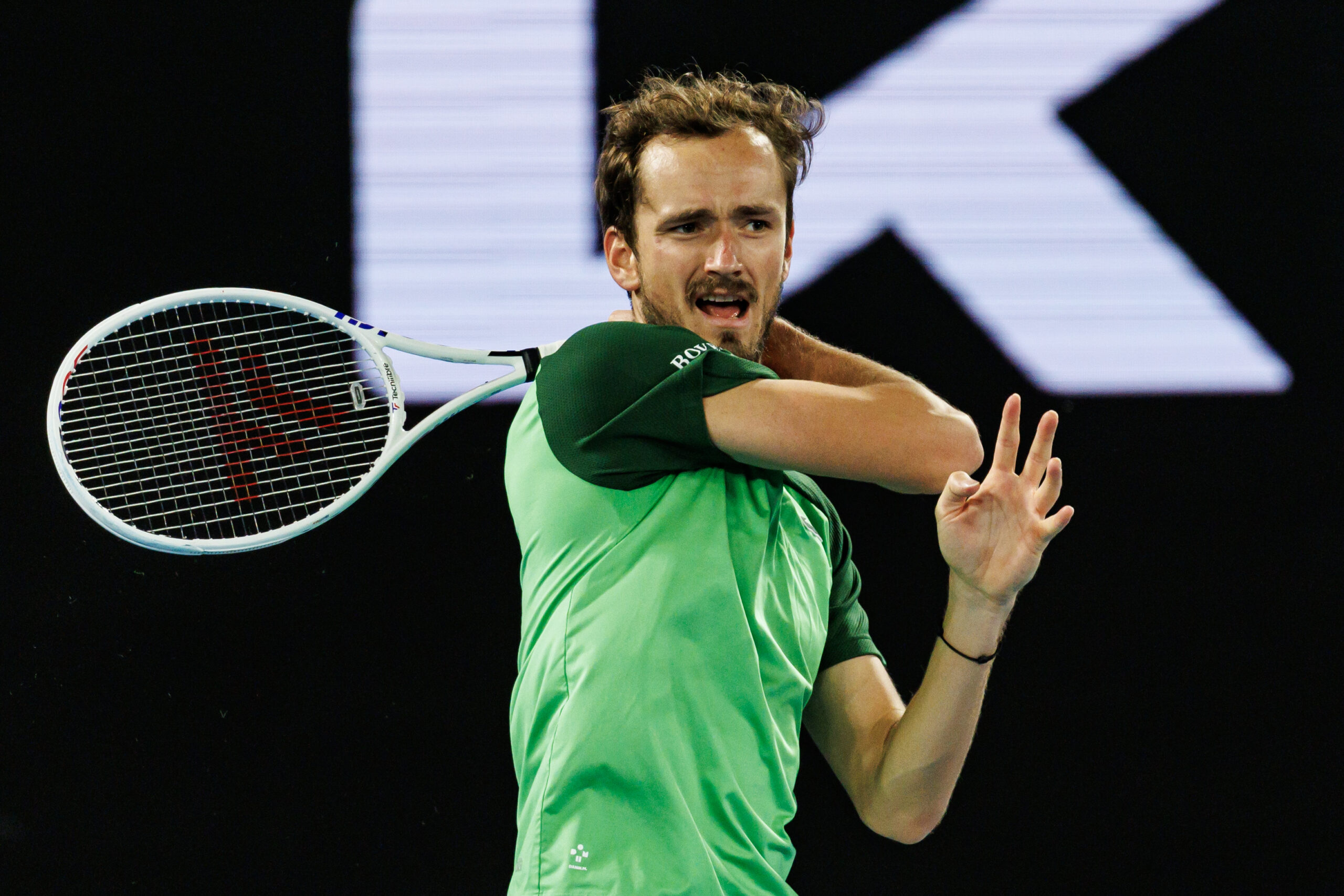 Jan 26, 2024; Melbourne, Victoria, Australia;
Daniil Medvedev of Russia in action against Alexander Zverev in the semi-finals of the men s singles at the Australian Open. Mandatory Credit: Mike Frey-Imagn Images