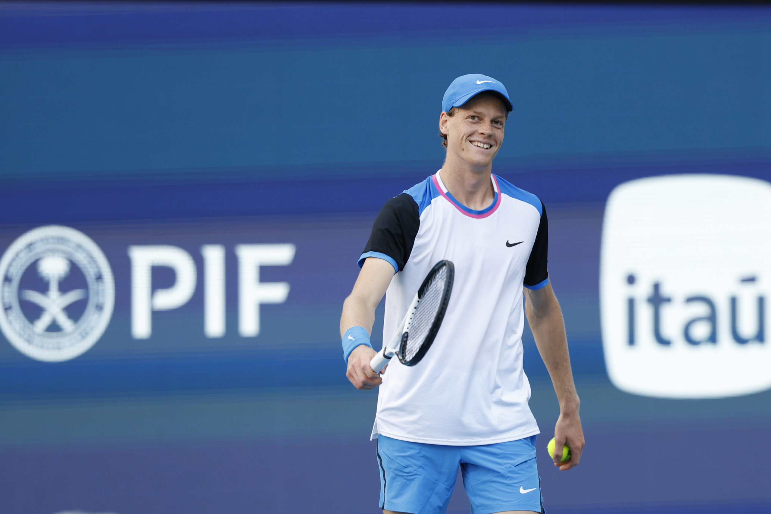 Mar 31, 2024; Miami Gardens, FL, USA; Jannik Sinner (ITA) celebrates after match point against Grigor Dmitrov (BUL) (not pictured) in the men's singles final of the Miami Open at Hard Rock Stadium. Mandatory Credit: Geoff Burke-Imagn Images
