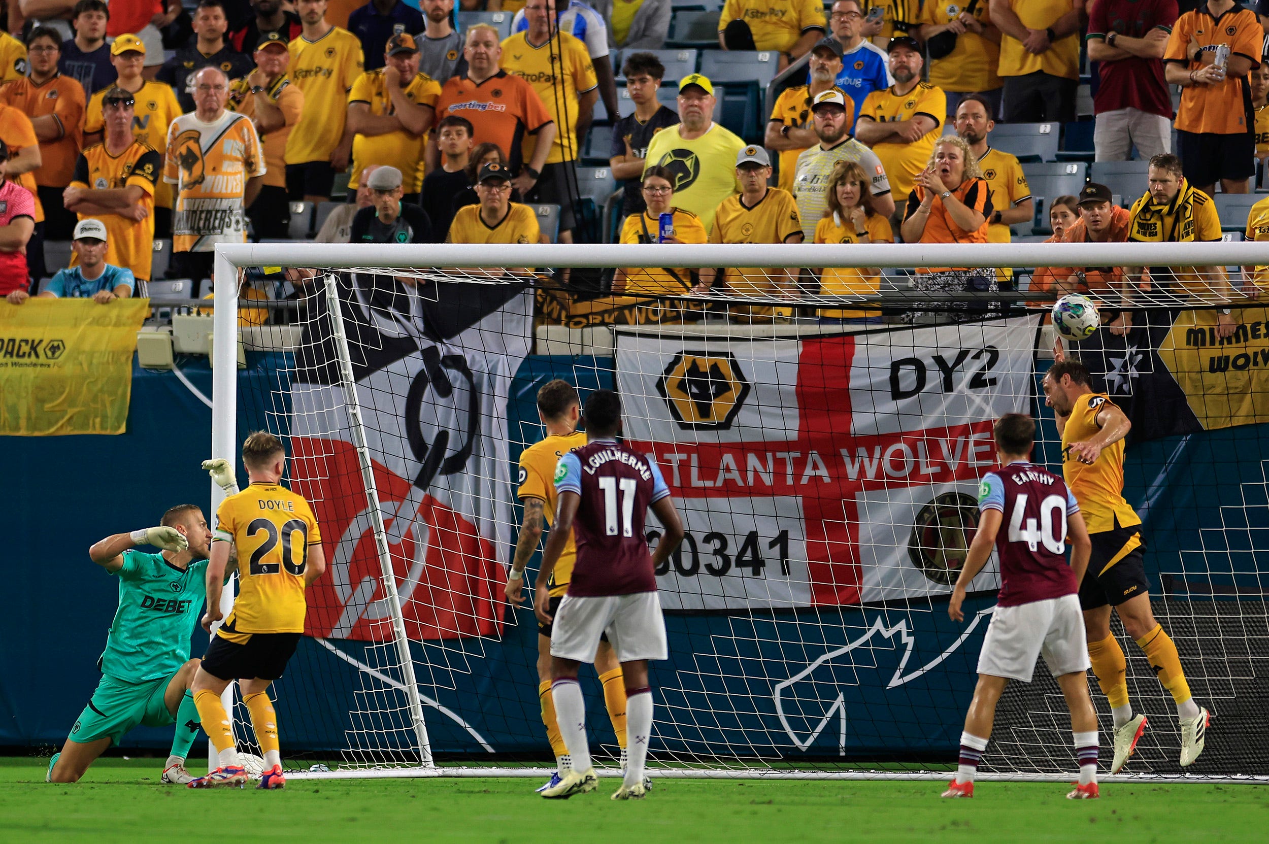 A shot on goal is deflected during the second half of The Stateside Cup soccer tournament game Saturday, July 27, 2024 at EverBank Stadium in Jacksonville, Fla. The Wolverhampton Wanderers defeated West Ham United 3-1 in exhibition play.