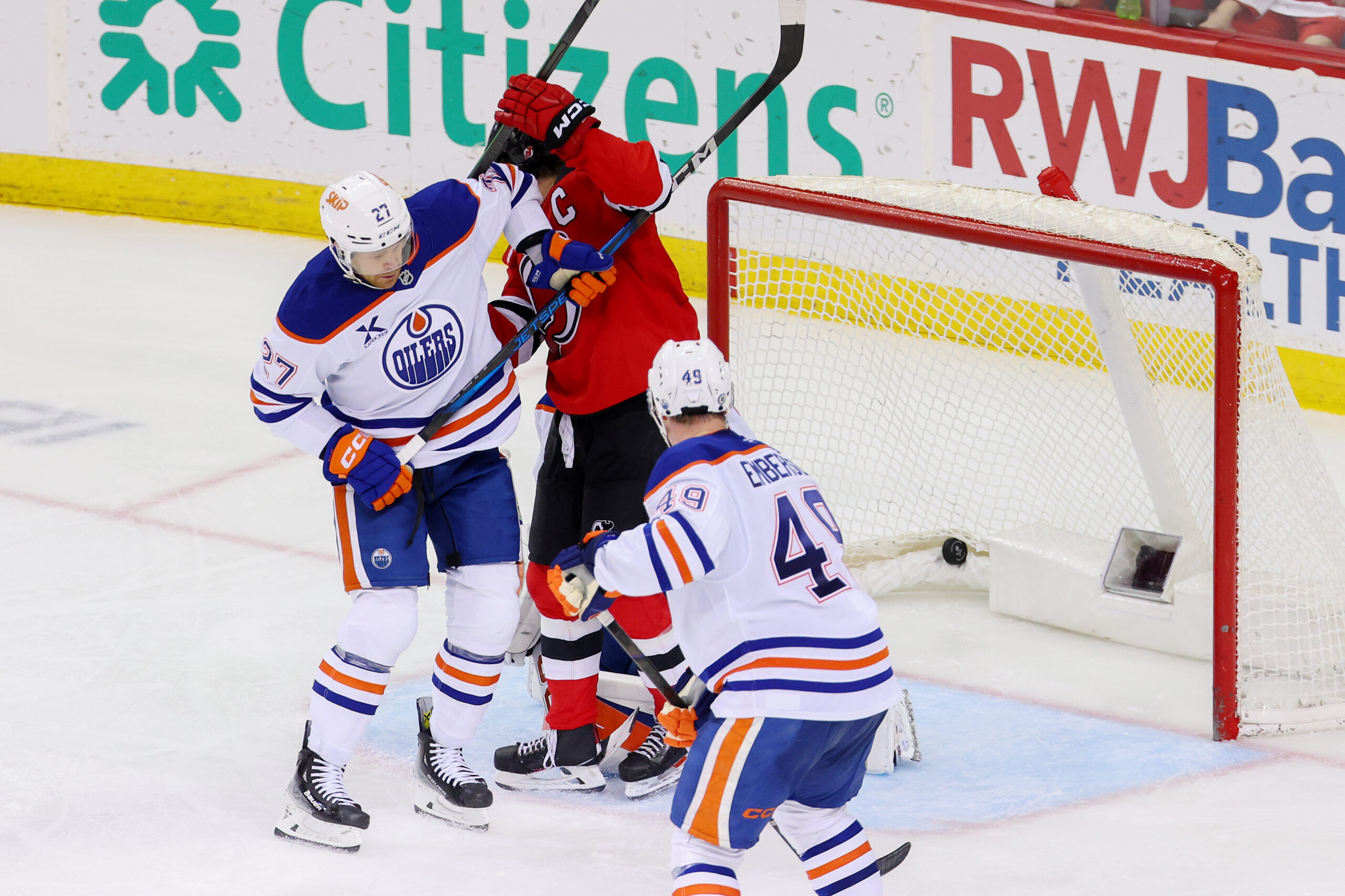 Mar 13, 2025; Newark, New Jersey, USA; New Jersey Devils defenseman Simon Nemec (17) (not pictured) scores a goal on Edmonton Oilers goaltender Stuart Skinner (74) during the third period at Prudential Center. Mandatory Credit: Ed Mulholland-Imagn Images