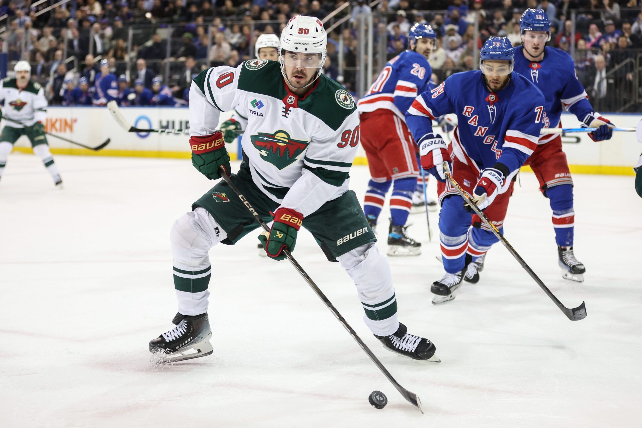 Apr 2, 2025; New York, New York, USA;  Minnesota Wild left wing Marcus Johansson (90) at Madison Square Garden. Mandatory Credit: Wendell Cruz-Imagn Images