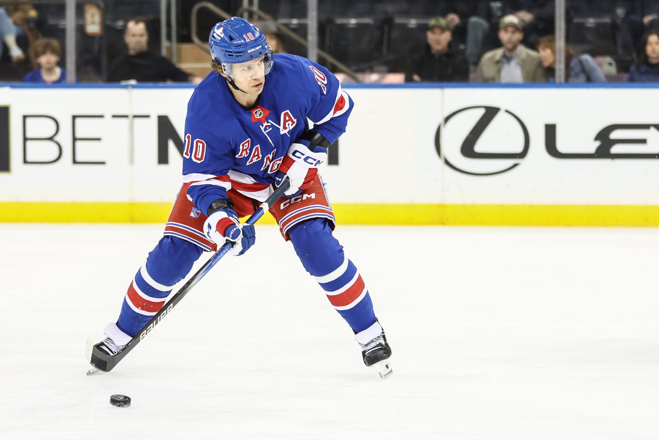 Apr 17, 2025; New York, New York, USA;  New York Rangers left wing Artemi Panarin (10) attempts a shot on goal in the third period against the Tampa Bay Lightning at Madison Square Garden. Mandatory Credit: Wendell Cruz-Imagn Images