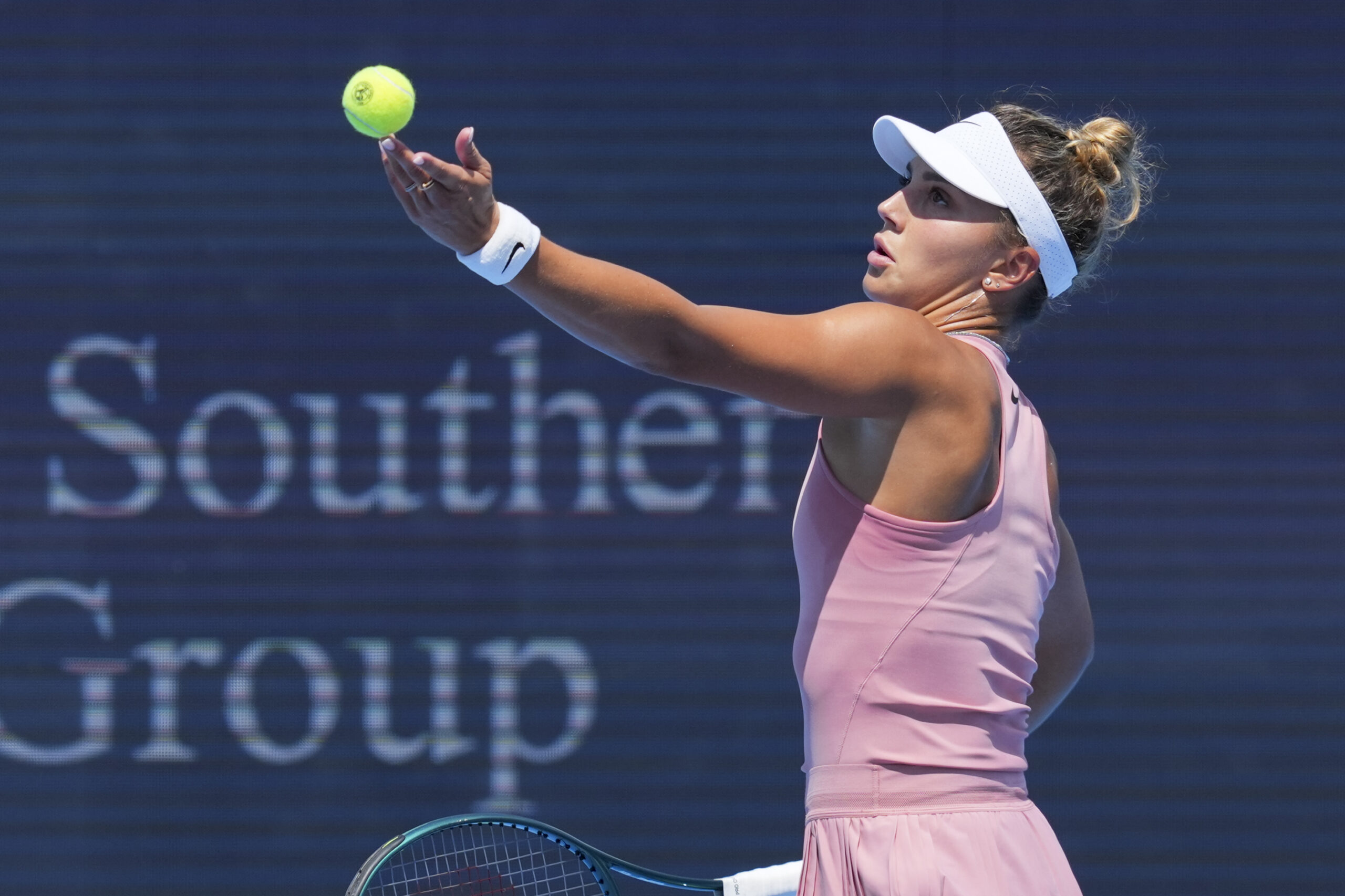 Aug 7, 2025; Cincinnati, OH, USA; Jaqueline Cristian (ROU) serves against Marketa Vondrousova (CZE) during the Cincinnati Open at the Lindner Family Tennis Center. Mandatory Credit: Aaron Doster-Imagn Images