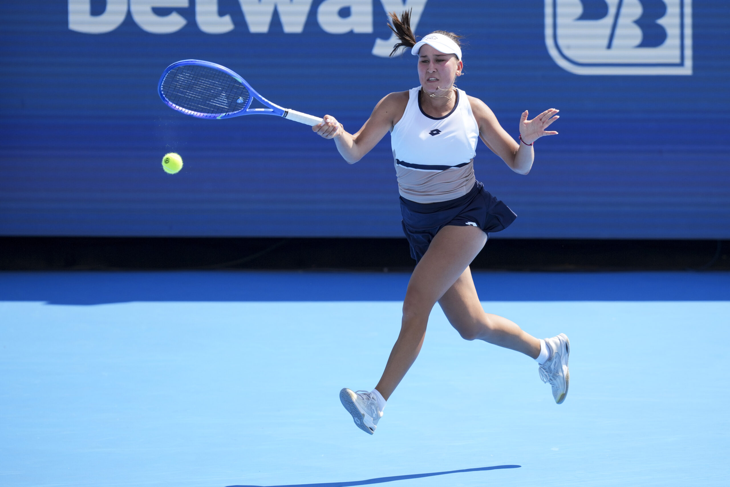 Aug 8, 2025; Cincinnati, OH, USA; Kamilla Rakhimova (RUS) reacts after returning a shot against Maria Sakkari (GRE) during the Cincinnati Open at the Lindner Family Tennis Center. Mandatory Credit: Aaron Doster-Imagn Images