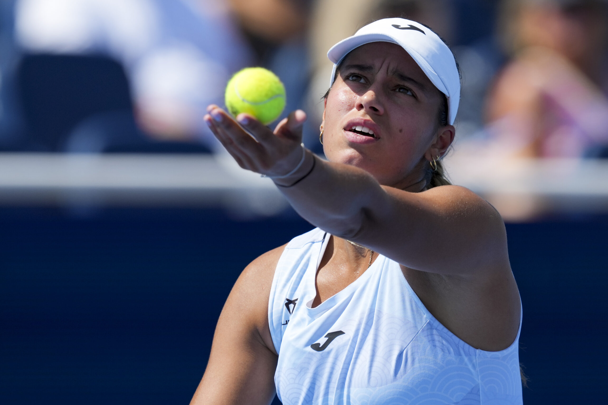 Aug 11, 2025; Cincinnati, OH, USA; Jessica Bouzas Maneiro (ESP) serves against Taylor Townsend (USA) during the Cincinnati Open at the Lindner Family Tennis Center. Mandatory Credit: Aaron Doster-Imagn Images