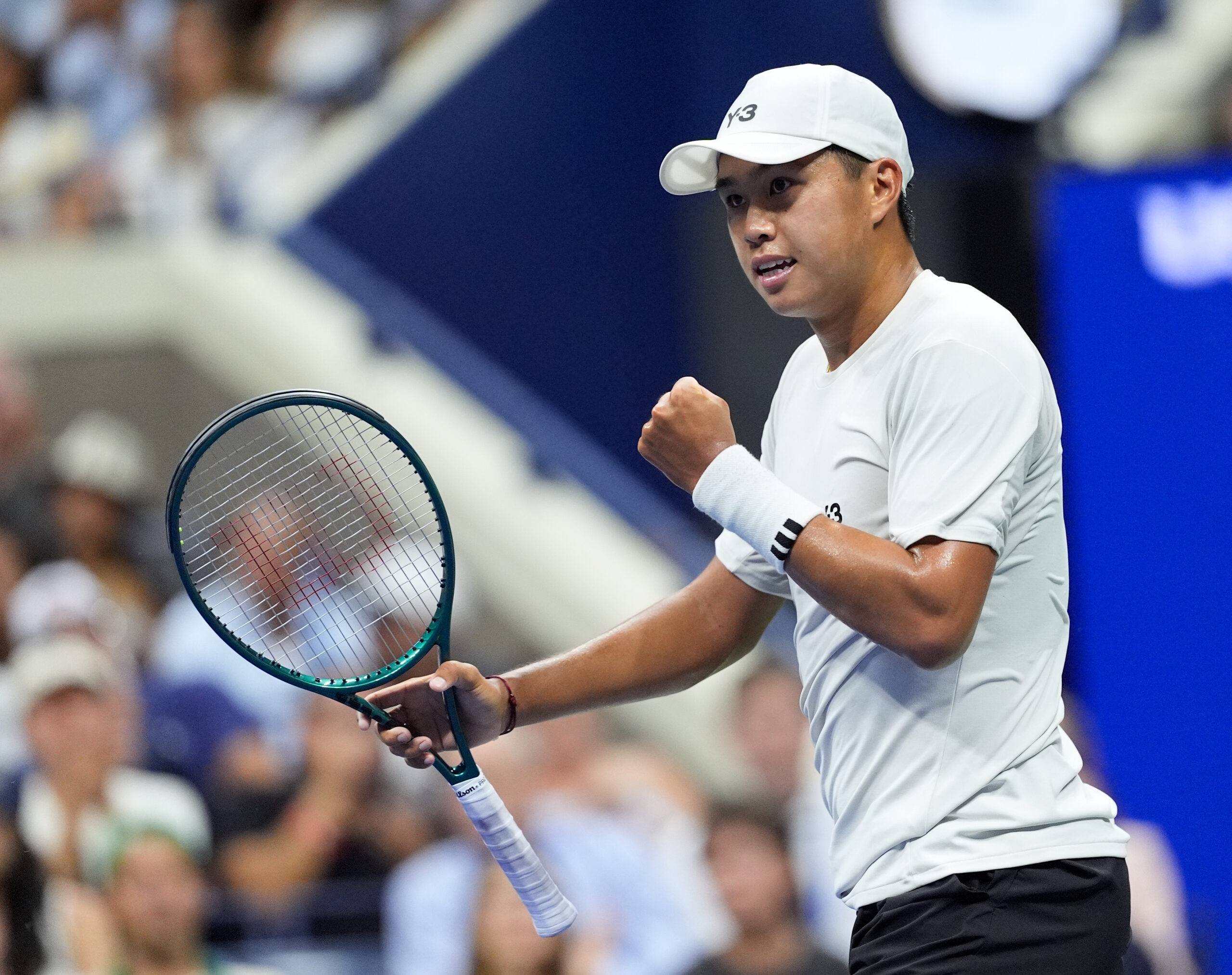 Aug 24, 2025; Flushing, NY, USA; Learner Tien (USA) after a winner against Novak Djokovic (SRB) on day one of the 2025 U.S. Open tennis tournament at the USTA Billie Jean King National Tennis Center. Mandatory Credit: Robert Deutsch-Imagn Images