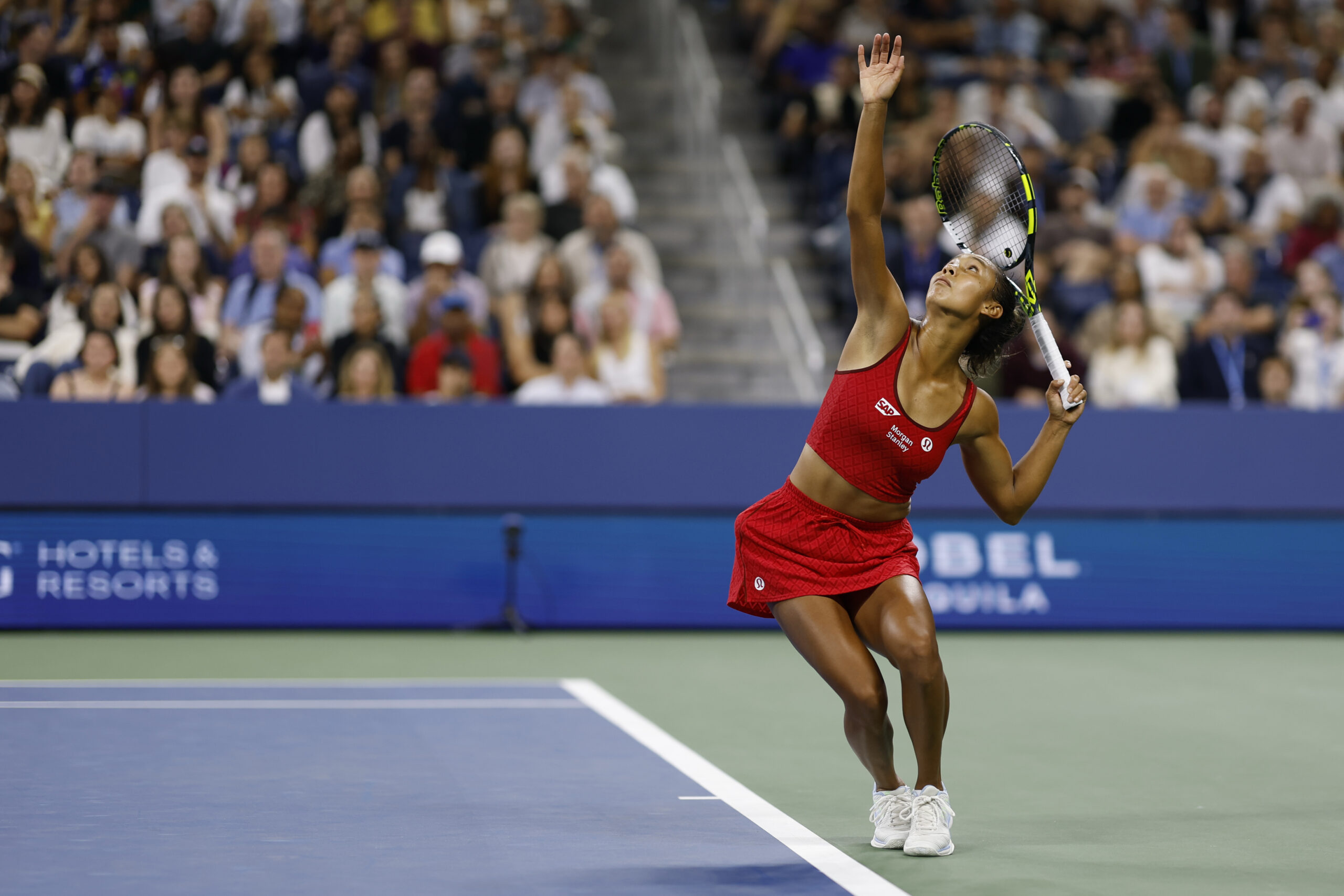 Aug 29, 2025; Flushing, NY, USA; Leylah Fernandez (CAN) serves against Aryna Sabalenka (not pictured) on day six of the 2025 US Open tennis tournament at Billie Jean King USTA National Tennis Center. Mandatory Credit: Geoff Burke-Imagn Images