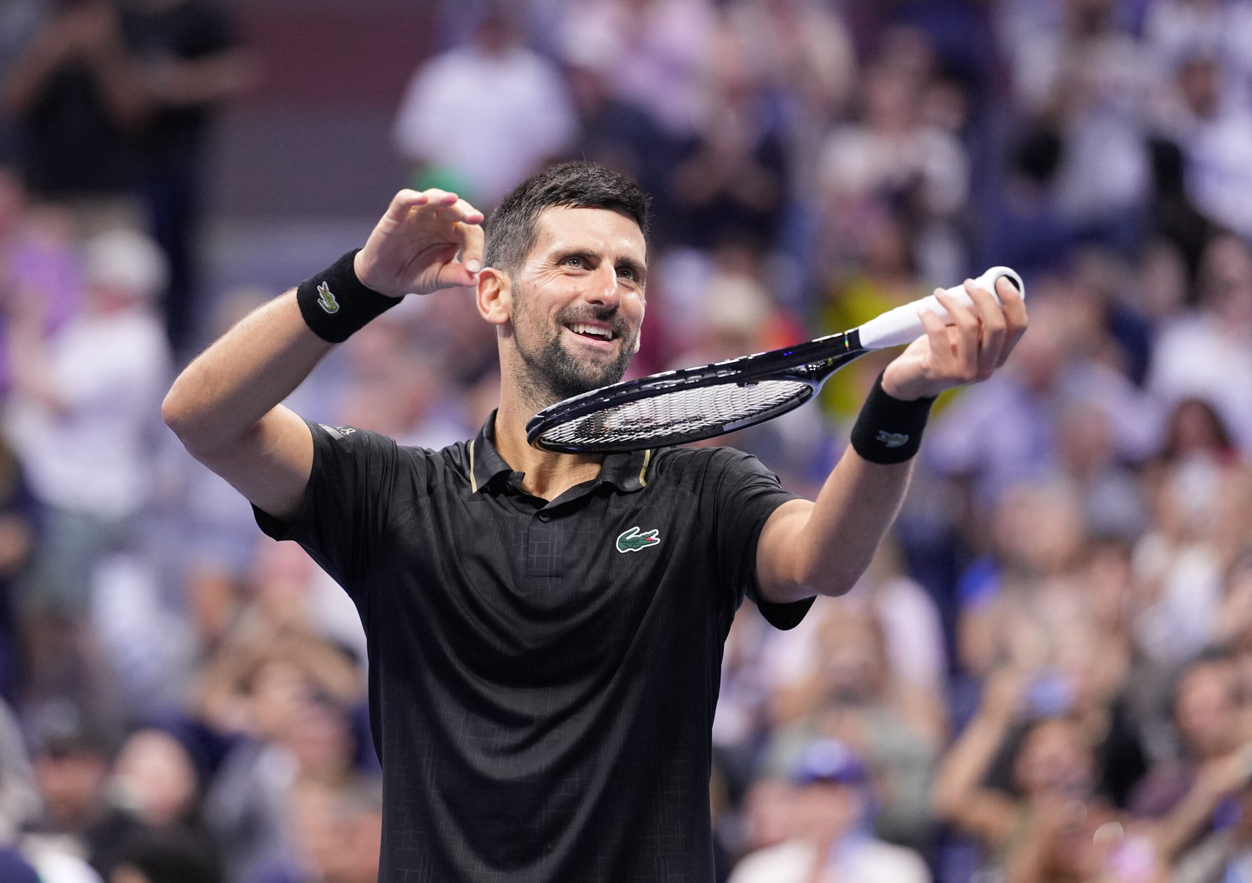 Aug 31, 2025; Flushing, NY, USA;  Novak Djokovic (SRB) after beating Jan-Lennard Struff (GER) (not pictured) on day eight of the 2025 U.S. Open tennis tournament at the USTA Billie Jean King National Tennis Center. Mandatory Credit: Robert Deutsch-Imagn Images