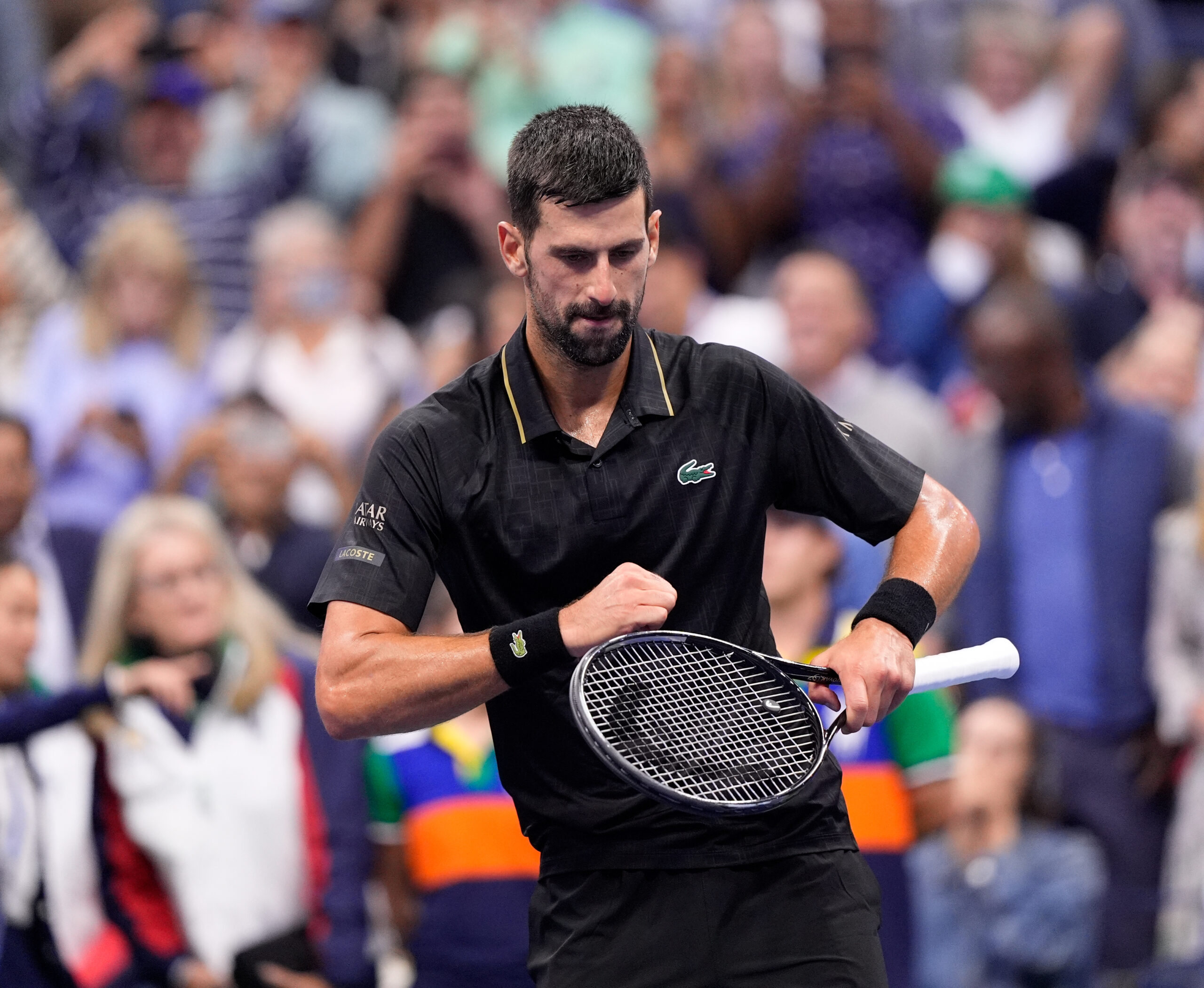 Sep 2, 2025; Flushing, NY, USA;  Novak Djokovic (SRB) after defeating Taylor Fritz (USA) (not pictured) on day ten of the 2025 U.S. Open tennis tournament at the USTA Billie Jean King National Tennis Center. Mandatory Credit: Robert Deutsch-Imagn Images