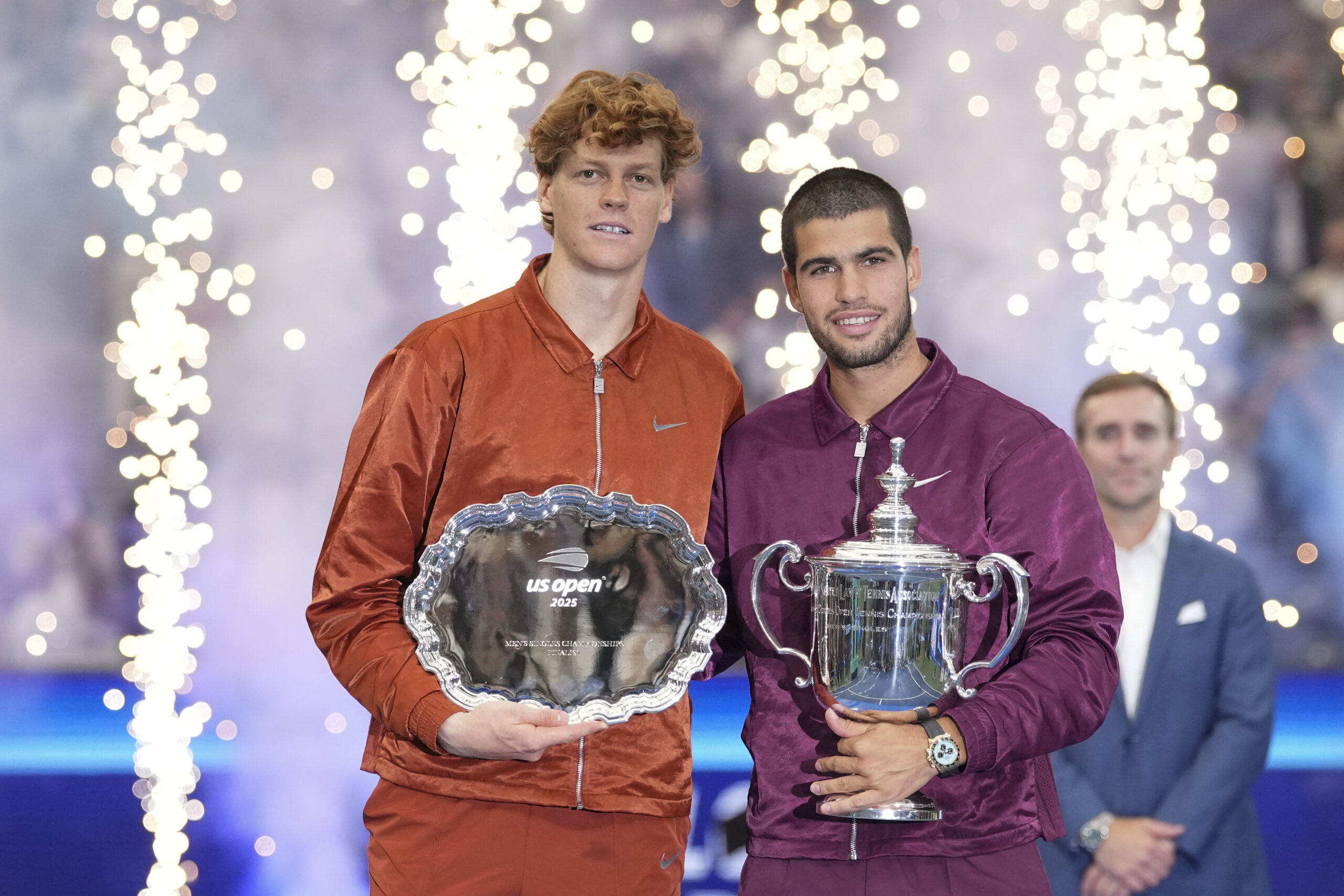 Sep 7, 2025; Flushing, NY, USA; Carlos Alcaraz (ESP) and Jannik Sinner (ITA) poses for a photo after the final of mens singles at Billie Jean King National Tennis Center. Mandatory Credit: Robert Deutsch-Imagn Images
