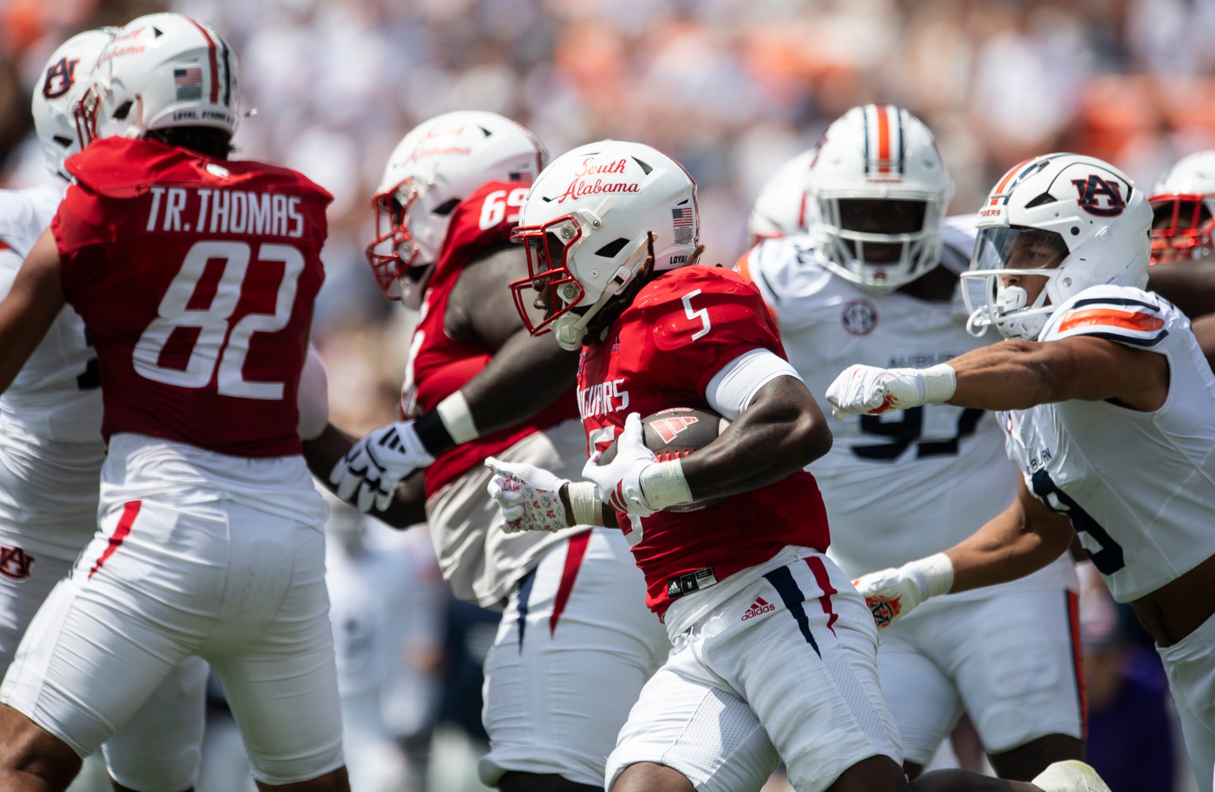 South Alabama Jaguars running back Kentrel Bullock (5) runs the ball as Auburn Tigers take on South Alabama Jaguars at Jordan-Hare Stadium in Auburn, Ala. on Saturday, Sept. 13, 2025. Auburn Tigers lead South Alabama Jaguars 28-9 at halftime.
