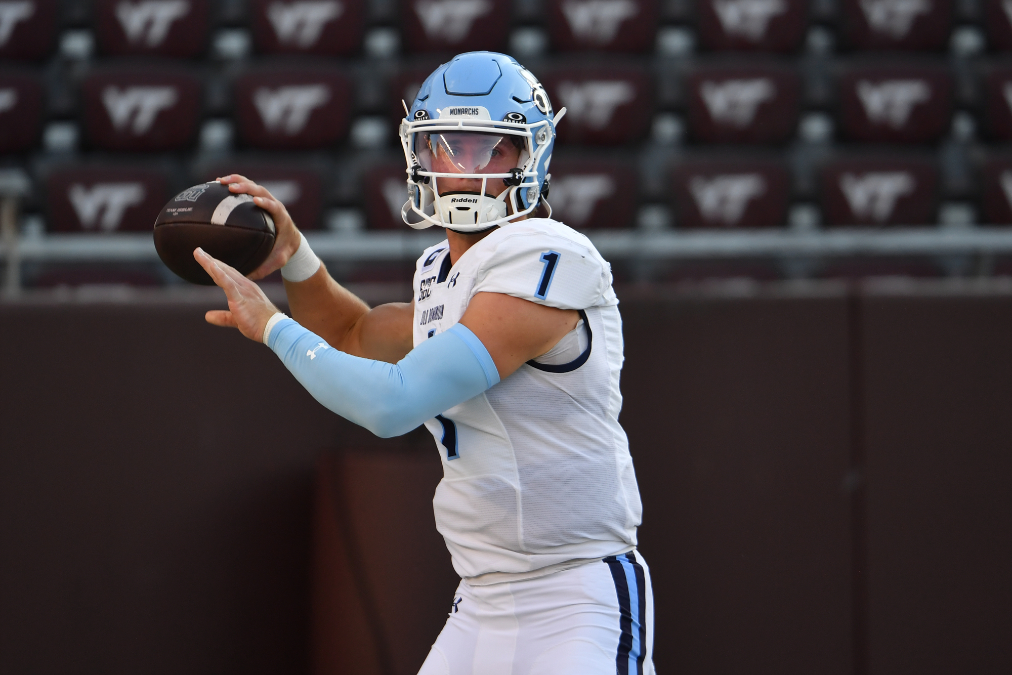 Sep 13, 2025; Blacksburg, Virginia, USA;  Old Dominion Monarchs quarterback Colton Joseph (1) warms up before the game at Lane Stadium. Mandatory Credit: Brian Bishop-Imagn Images