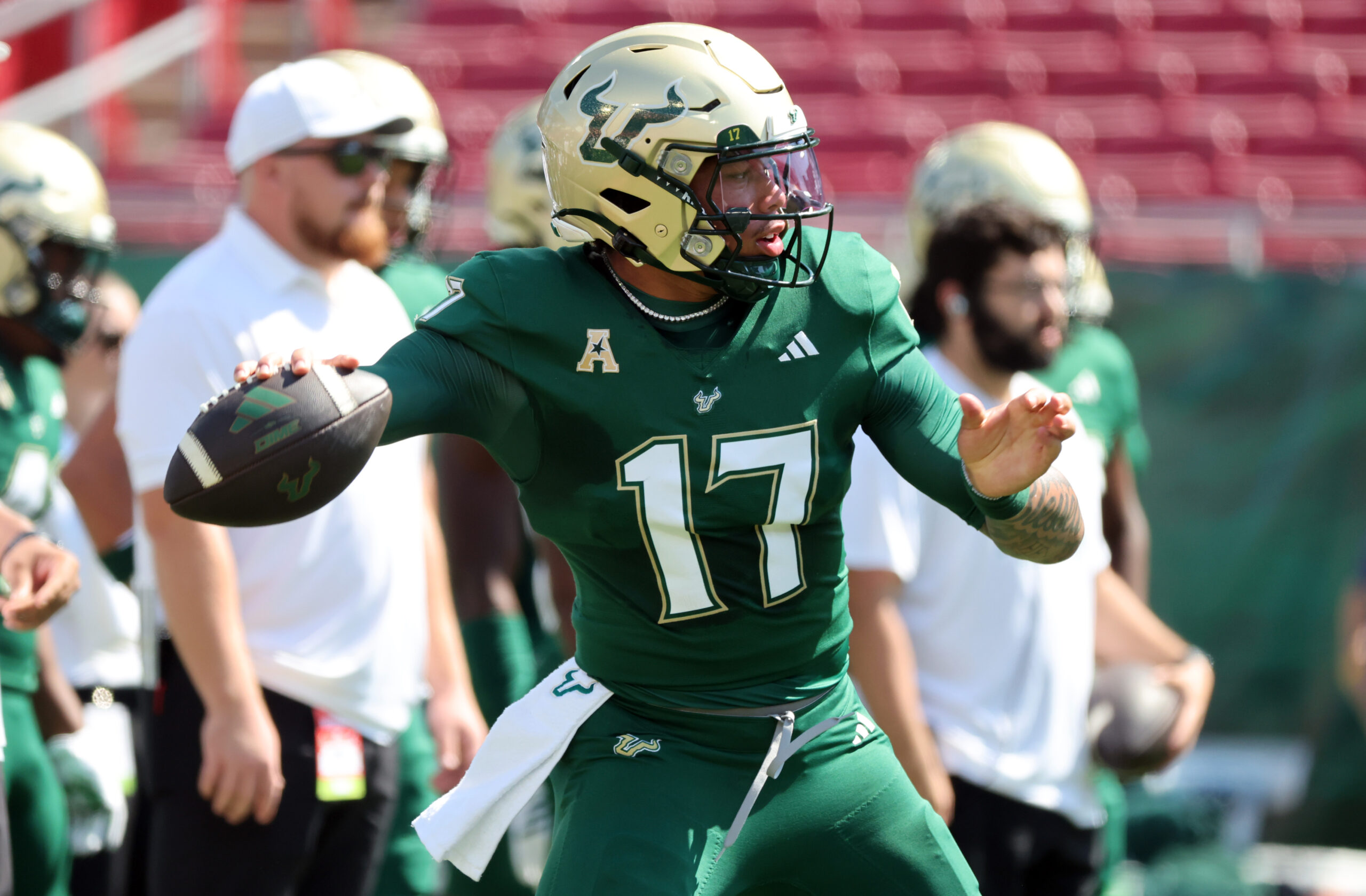 Sep 20, 2025; Tampa, Florida, USA;  South Florida Bulls quarterback Byrum Brown (17) before the game against the South Carolina State Bulldogs at Raymond James Stadium. Mandatory Credit: Kim Klement Neitzel-Imagn Images