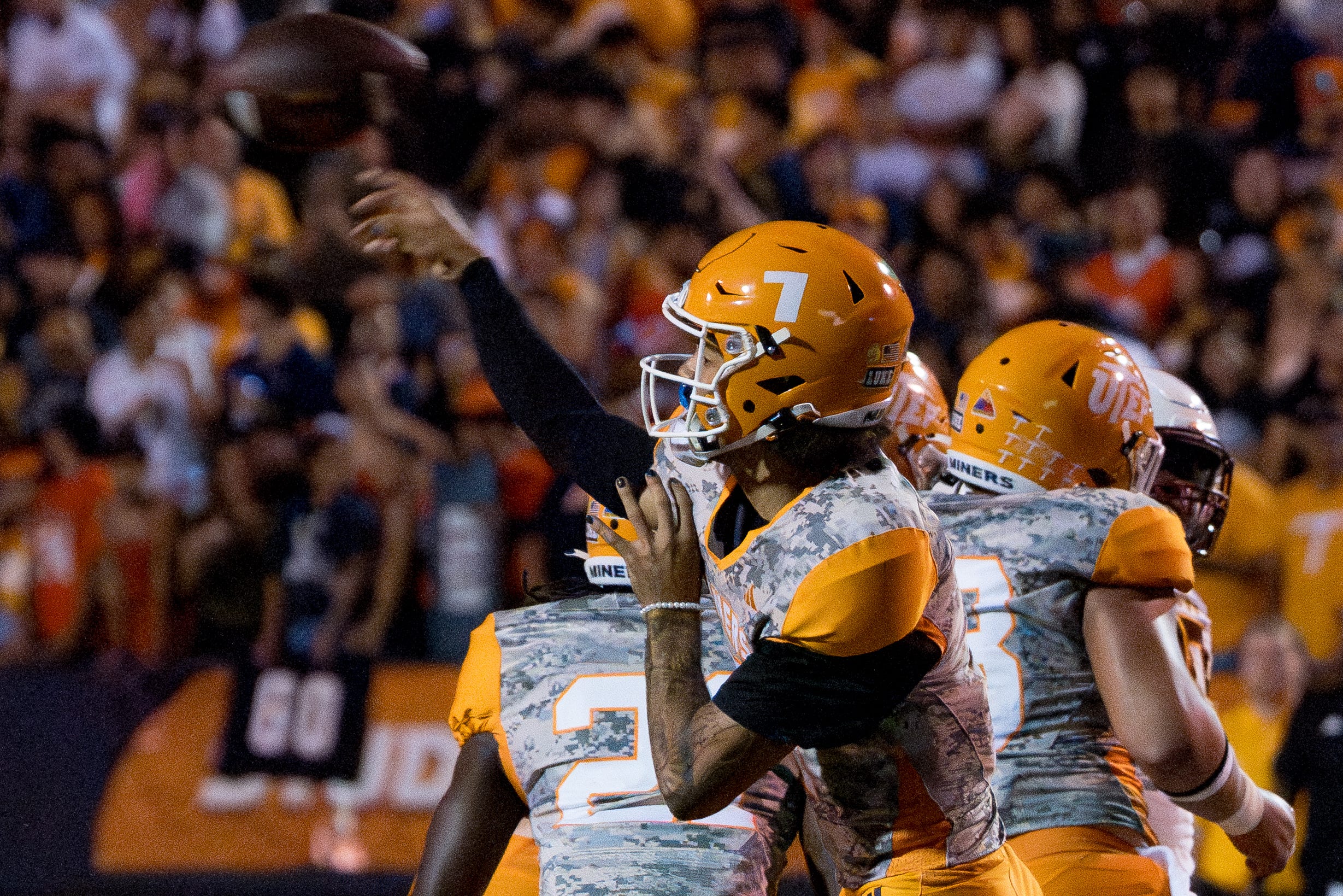 UTEP’s Malachi Nelson (7) throws the ball during a game against Louisiana-Monroe at the Sun Bowl in El Paso, Texas, on Saturday, Sept. 20, 2025.
