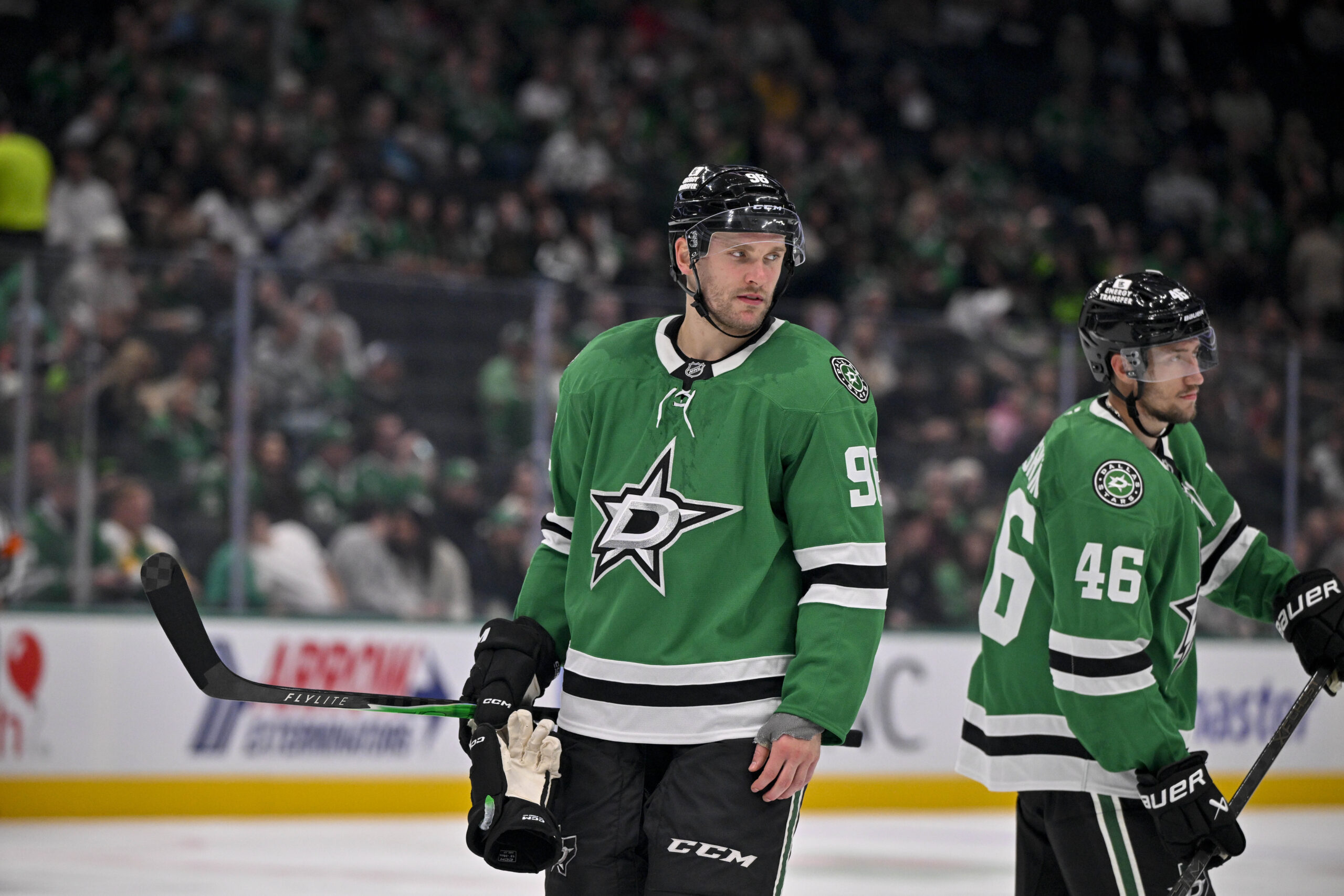 Sep 23, 2025; Dallas, Texas, USA; Dallas Stars right wing Mikko Rantanen (96) looks on during the game between the Dallas Stars and the Minnesota Wild at American Airlines Center. Mandatory Credit: Jerome Miron-Imagn Images