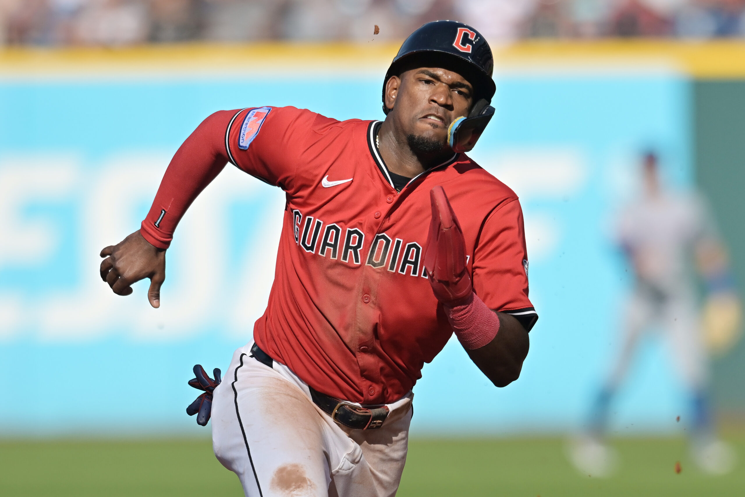 Sep 28, 2025; Cleveland, Ohio, USA;  Cleveland Guardians center fielder Angel Martinez (1) advances to third on a hit by third baseman Jose Ramirez (not pictured) during the third inning against the Texas Rangers at Progressive Field. Mandatory Credit: Ken Blaze-Imagn Images