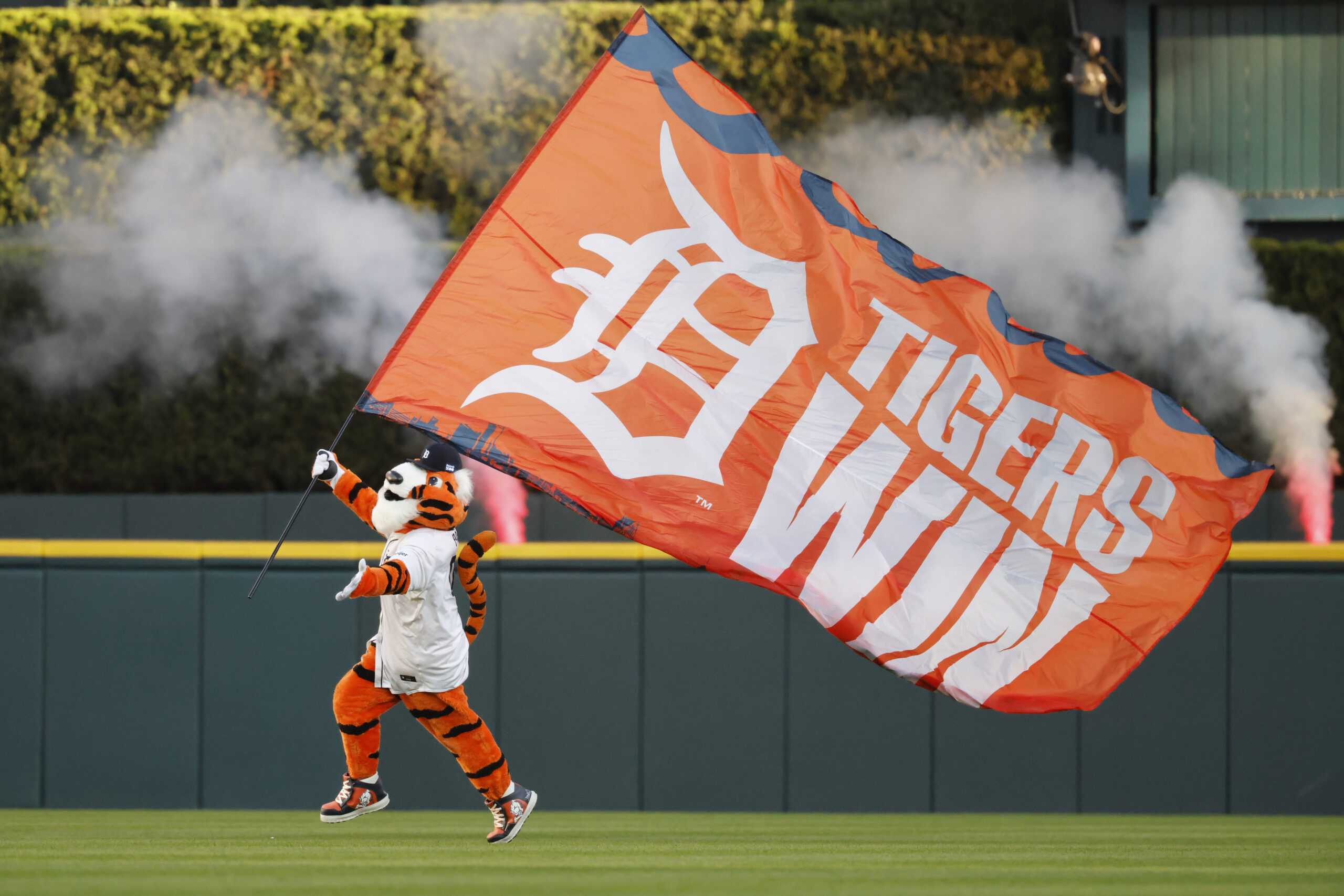 Oct 8, 2025; Detroit, Michigan, USA; PAWS the Detroit Tigers mascot celebrates the victory against the Seattle Mariners during game four of the ALDS round for the 2025 MLB playoffs at Comerica Park. Mandatory Credit: Rick Osentoski-Imagn Images