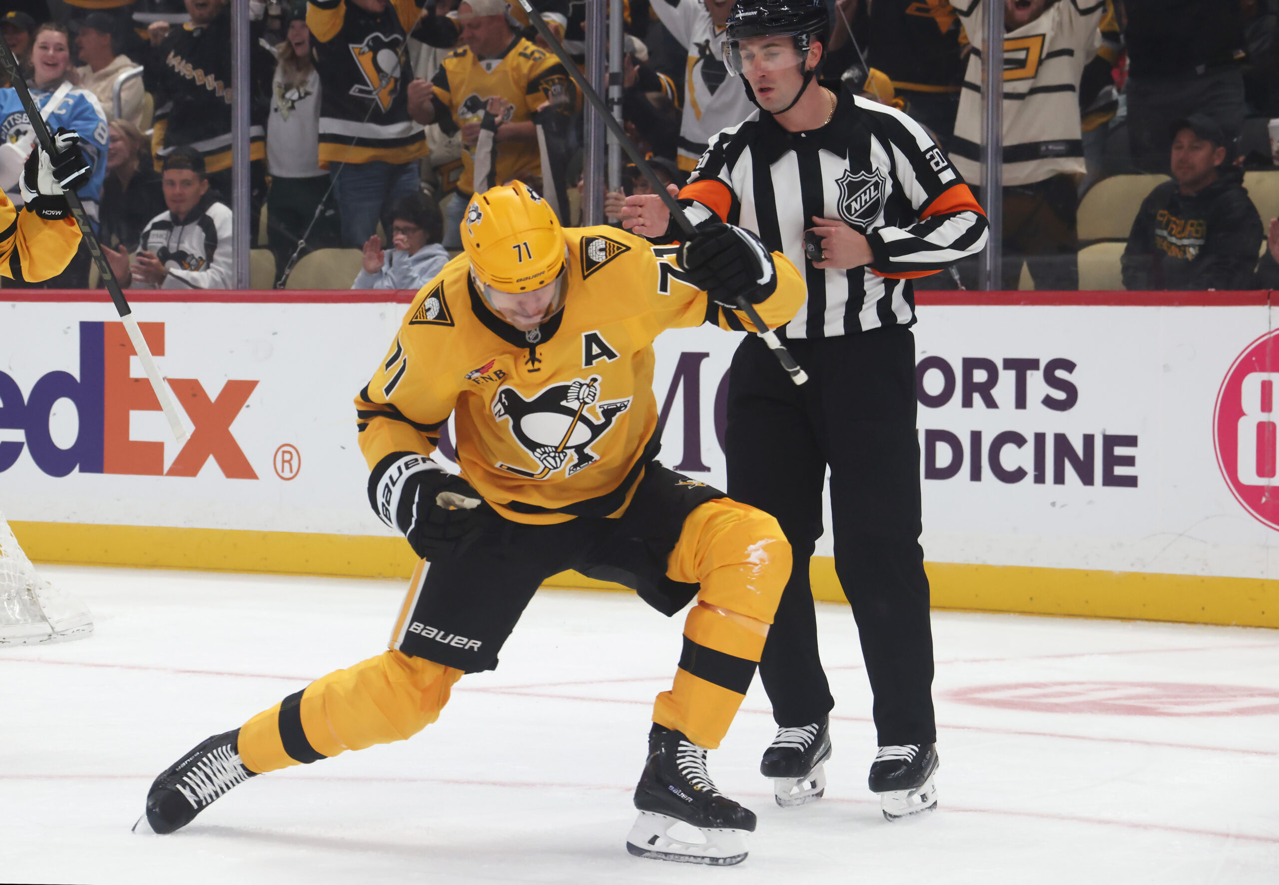 Oct 9, 2025; Pittsburgh, Pennsylvania, USA; Pittsburgh Penguins center Evgeni Malkin (71) reacts after scoring a goal against the New York Islanders during the first period at PPG Paints Arena. Mandatory Credit: Charles LeClaire-Imagn Images