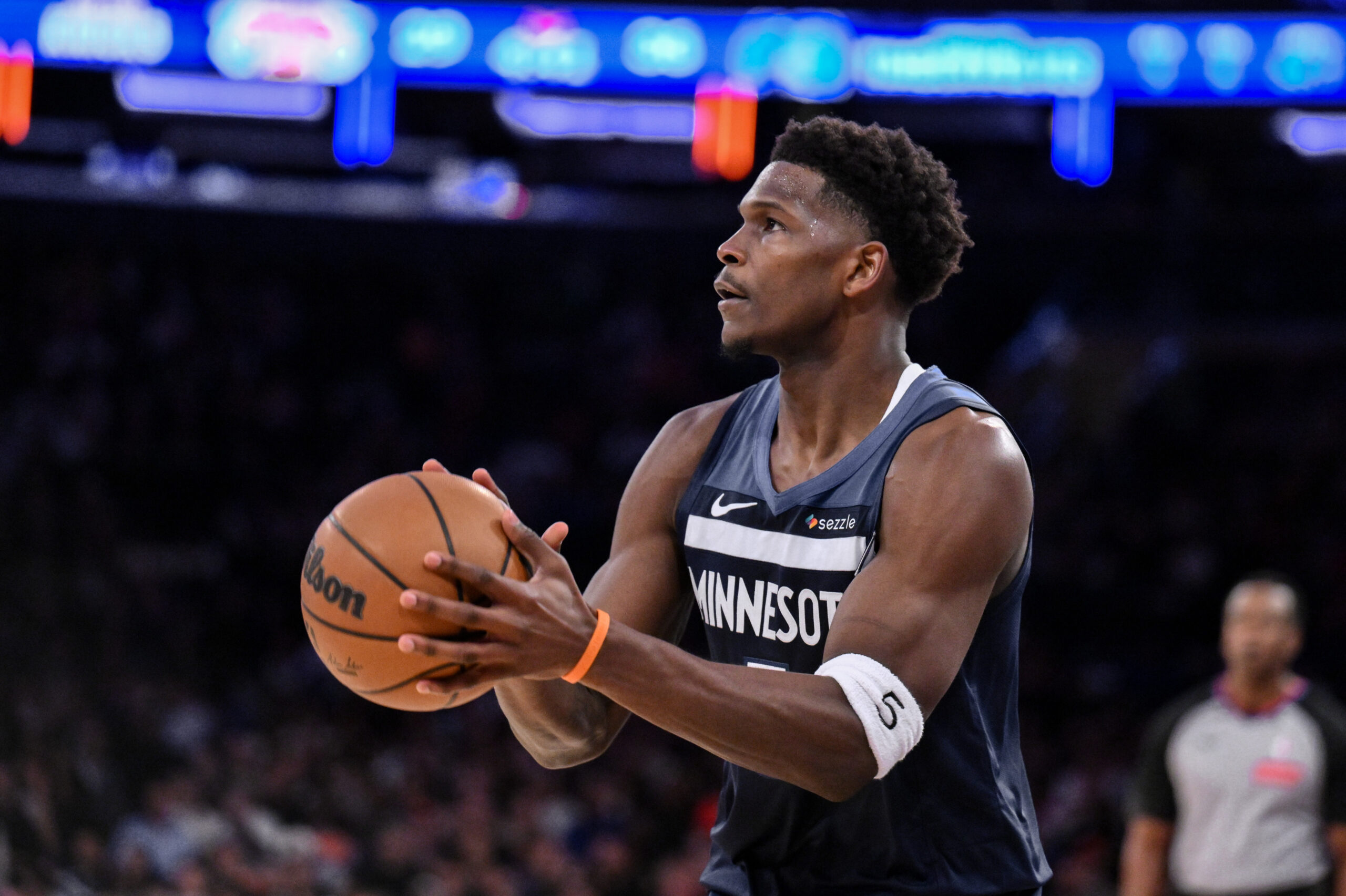 Oct 9, 2025; New York, New York, USA; Minnesota Timberwolves guard Anthony Edwards (5) shoots the ball against the New York Knicks during the first half at Madison Square Garden. Mandatory Credit: John Jones-Imagn Images