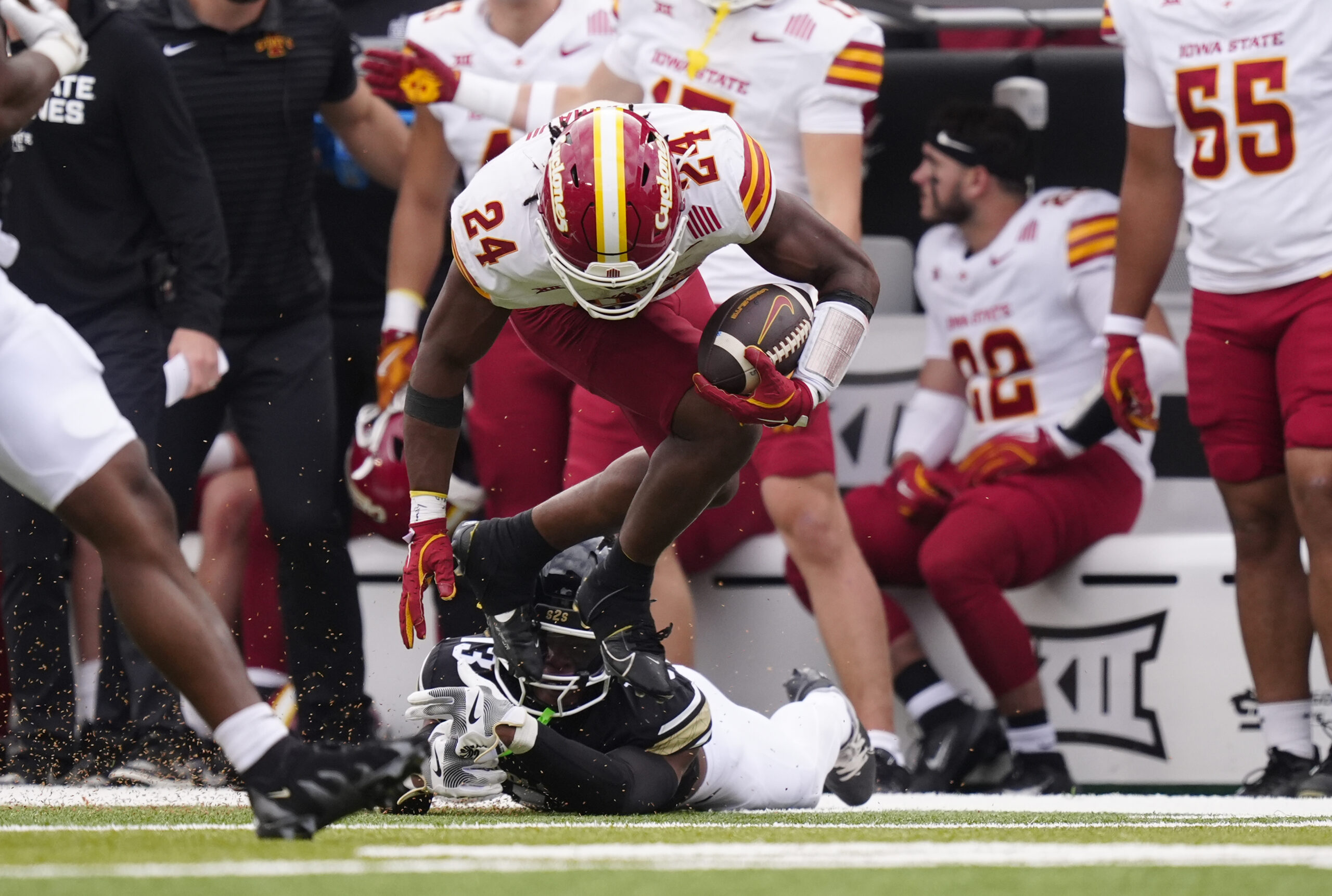 Oct 11, 2025; Boulder, Colorado, USA; Iowa State Cyclones running back Abu Sama (24) carries the ball in the second half against the Colorado Buffaloes at Folsom Field. Mandatory Credit: Ron Chenoy-Imagn Images