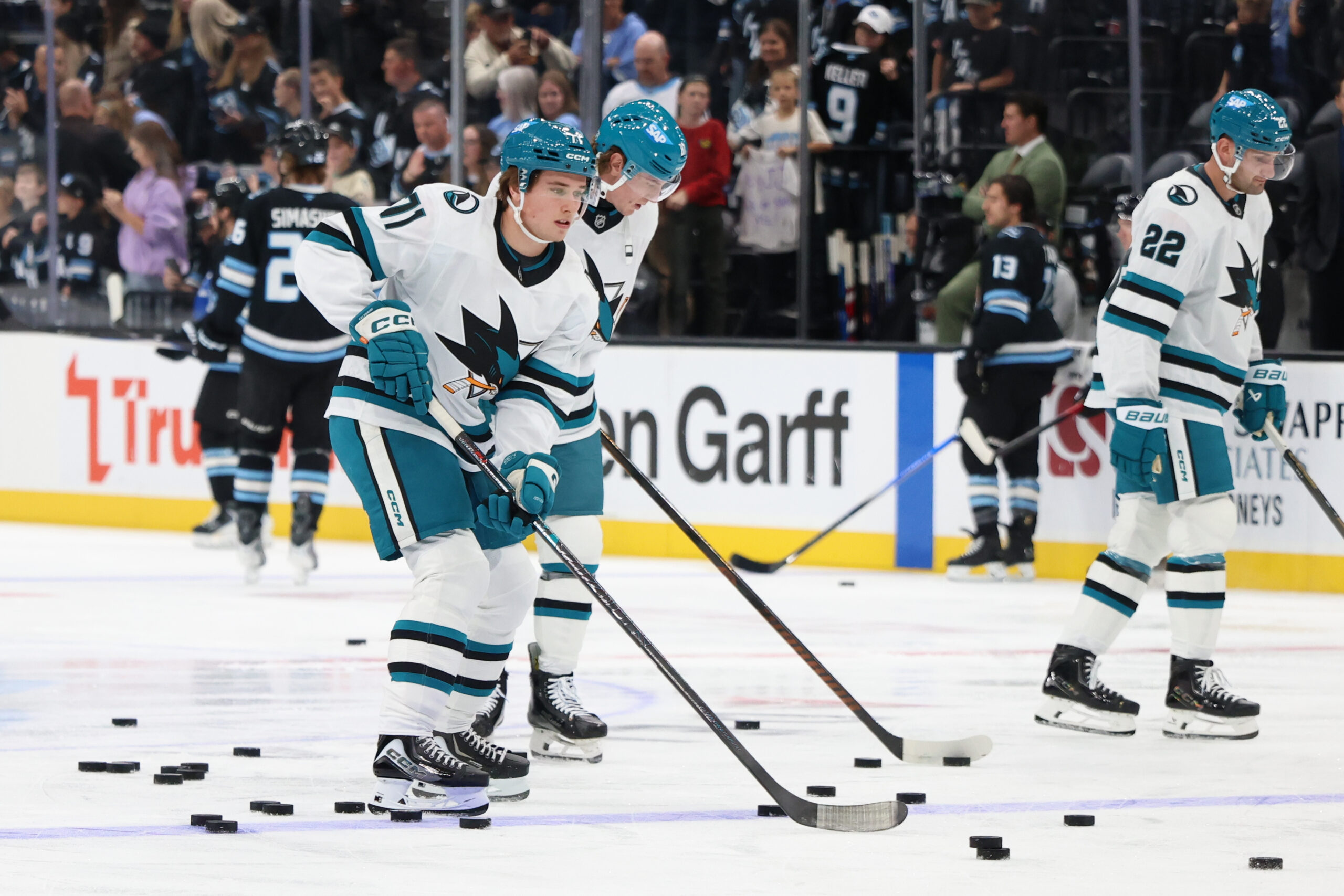 Oct 17, 2025; Salt Lake City, Utah, USA; San Jose Sharks center Macklin Celebrini (71) warms up before a game against the Utah Mammoth at Delta Center. Mandatory Credit: Rob Gray-Imagn Images