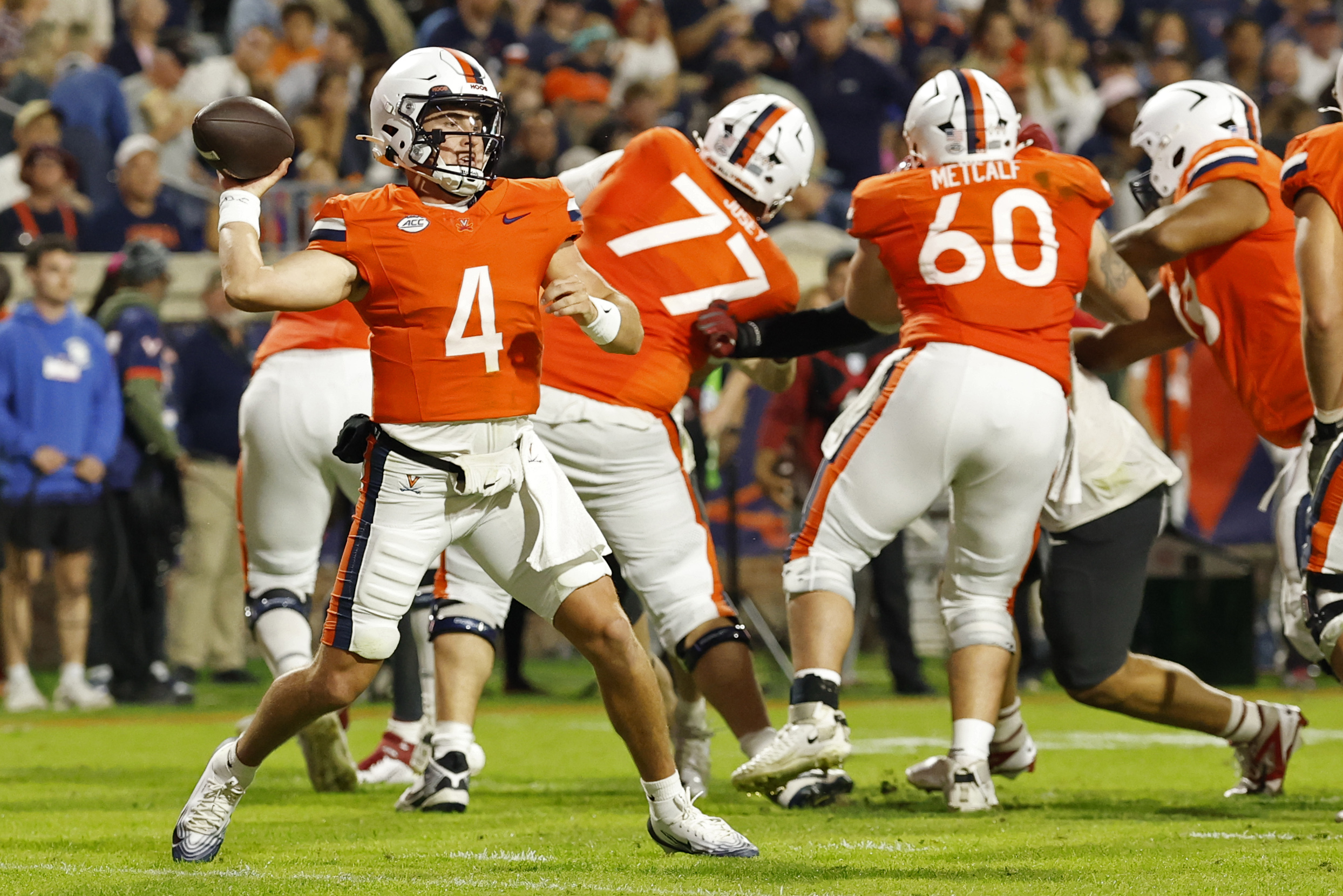 Oct 18, 2025; Charlottesville, Virginia, USA; Virginia Cavaliers quarterback Chandler Morris (4) passes the ball against the Washington State Cougars during the first half at Scott Stadium. Mandatory Credit: Geoff Burke-Imagn Images