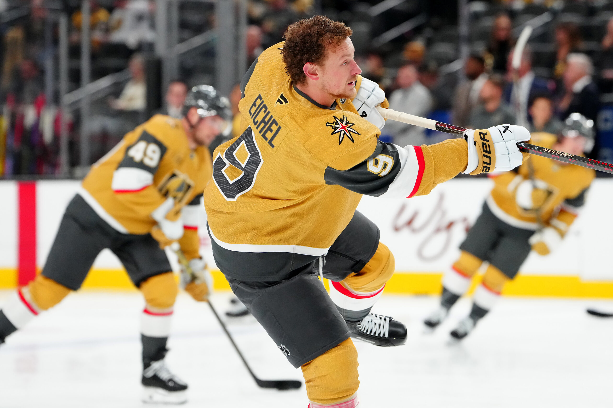 Oct 18, 2025; Las Vegas, Nevada, USA; Vegas Golden Knights center Jack Eichel (9) warms up before a game against the Calgary Flames at T-Mobile Arena. Mandatory Credit: Stephen R. Sylvanie-Imagn Images