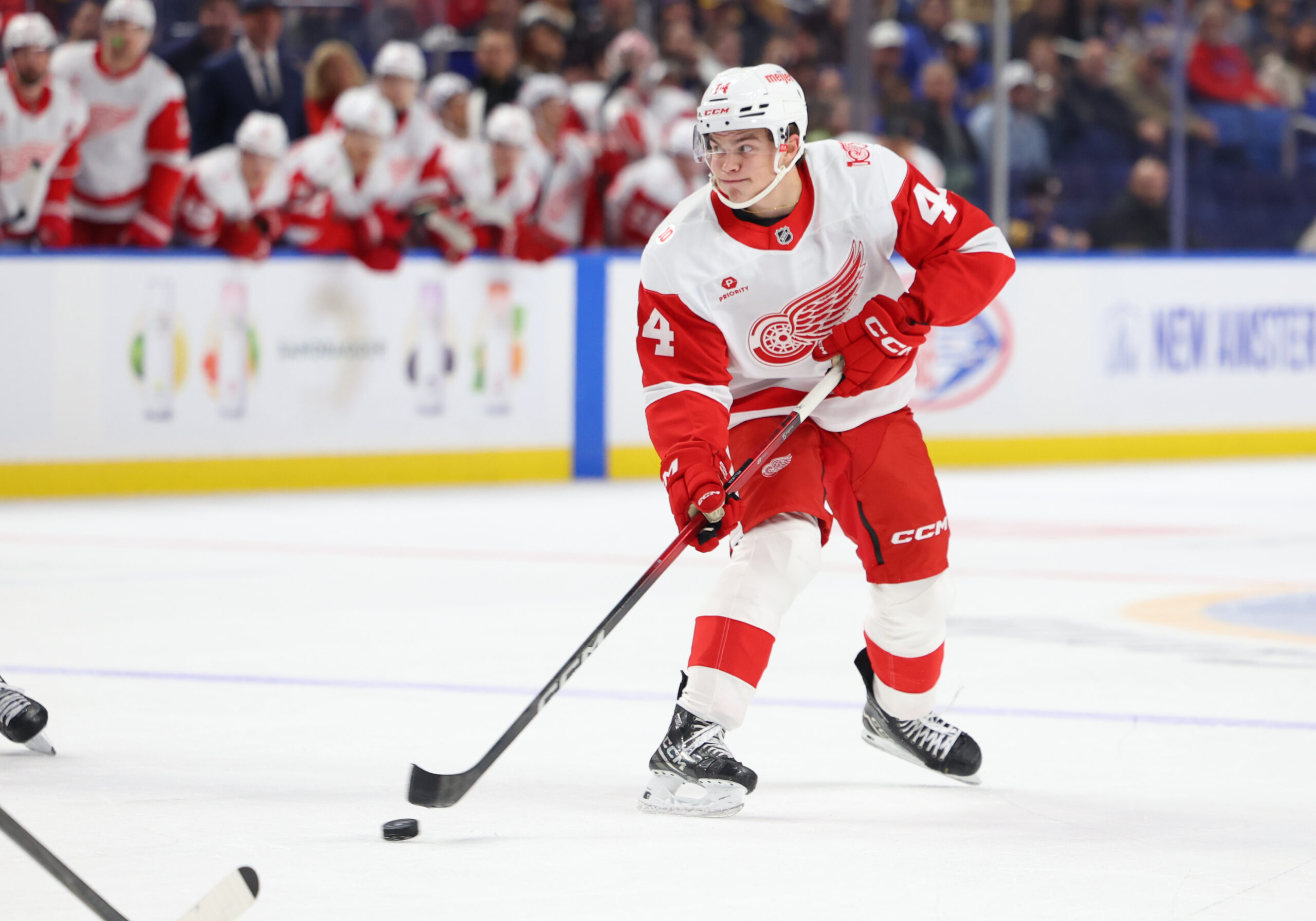 Oct 22, 2025; Buffalo, New York, USA;  Detroit Red Wings defenseman Axel Sandin-Pellikka (44) looks to make a pass during the third period against the Buffalo Sabres at KeyBank Center. Mandatory Credit: Timothy T. Ludwig-Imagn Images