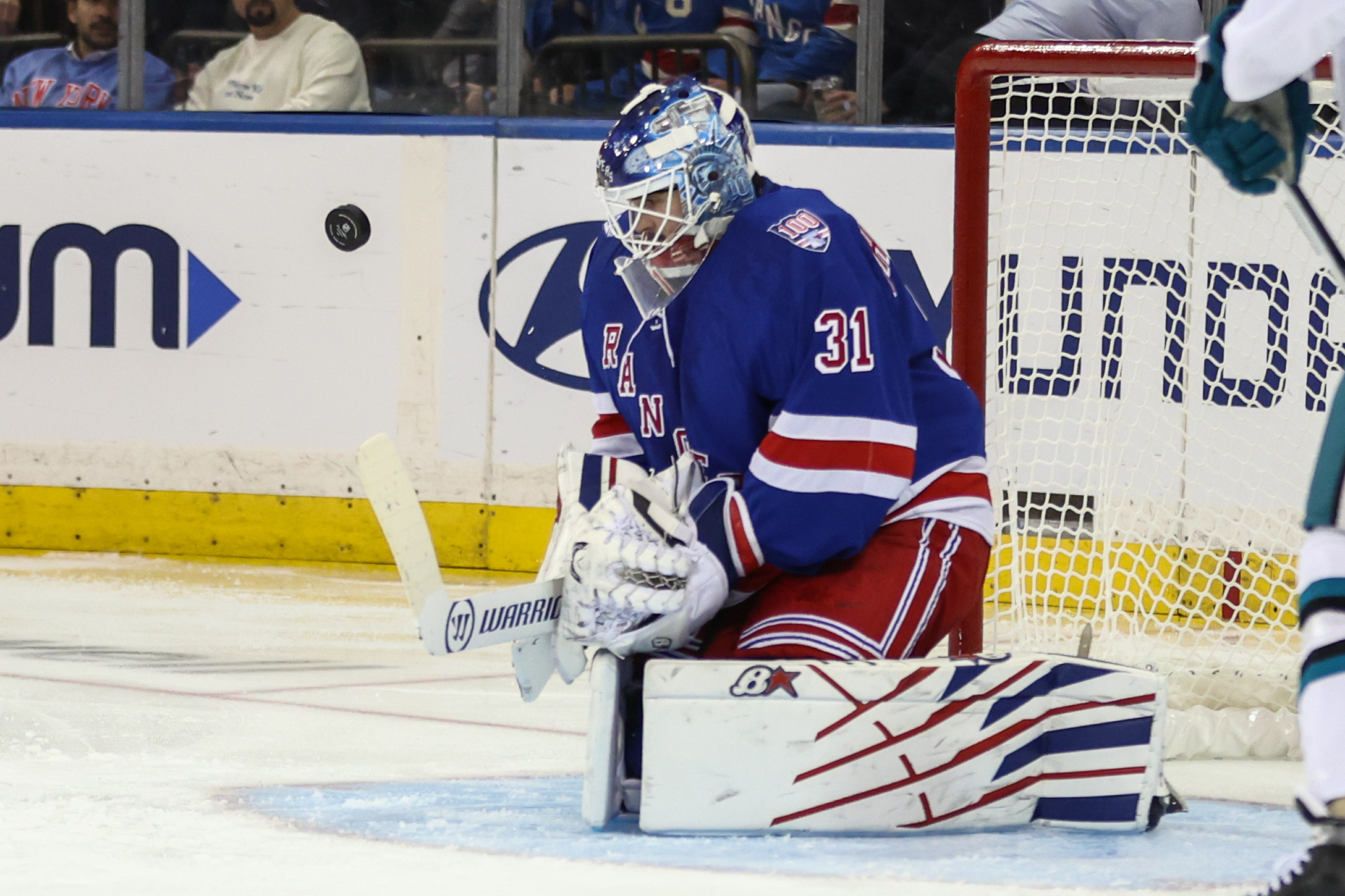Oct 23, 2025; New York, New York, USA;  New York Rangers goaltender Igor Shesterkin (31) makes a save on a shot on goal attempt in the second period against the San Jose Sharks at Madison Square Garden. Mandatory Credit: Wendell Cruz-Imagn Images