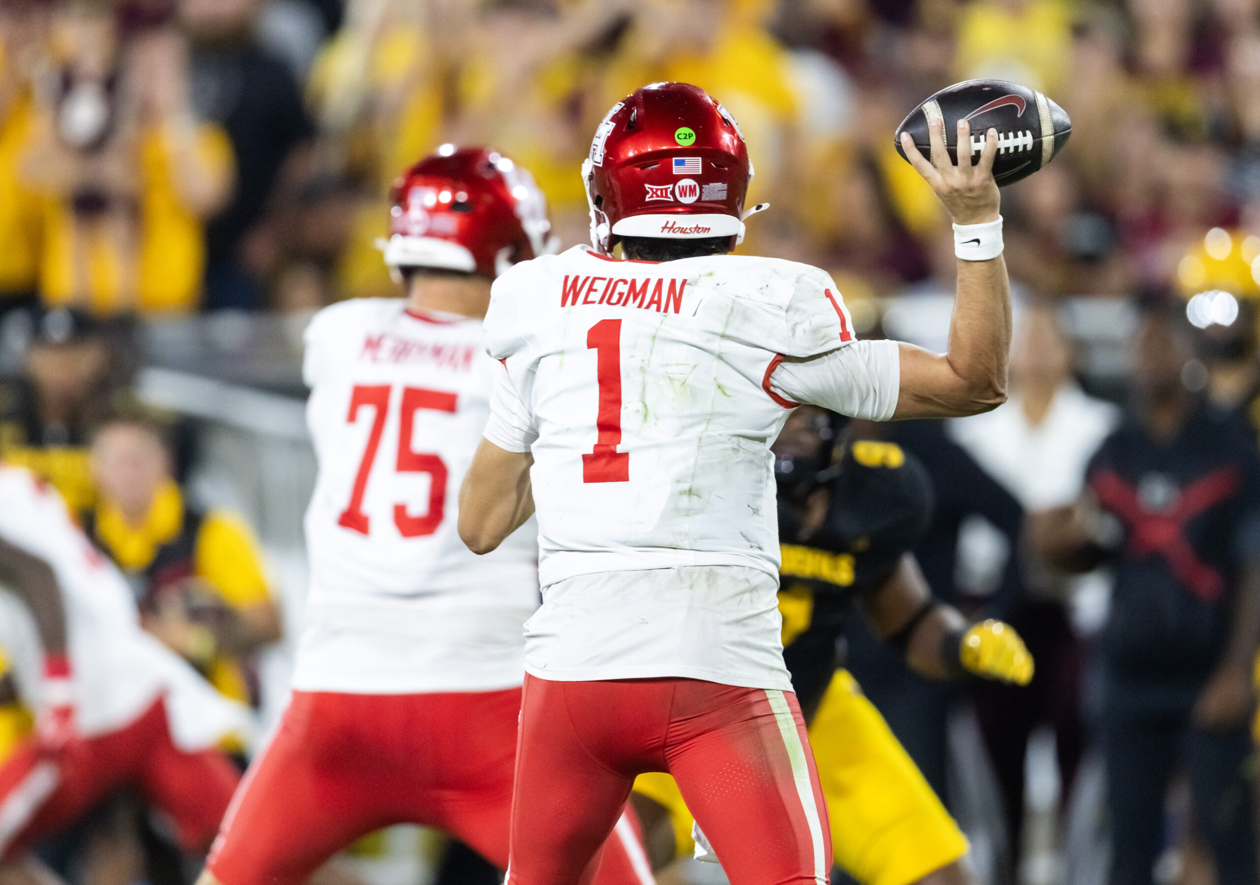 Oct 25, 2025; Tempe, Arizona, USA; Detailed view of the jersey of Houston Cougars quarterback Conner Weigman (1) against the Arizona State Sun Devils at Mountain America Stadium. Mandatory Credit: Mark J. Rebilas-Imagn Images