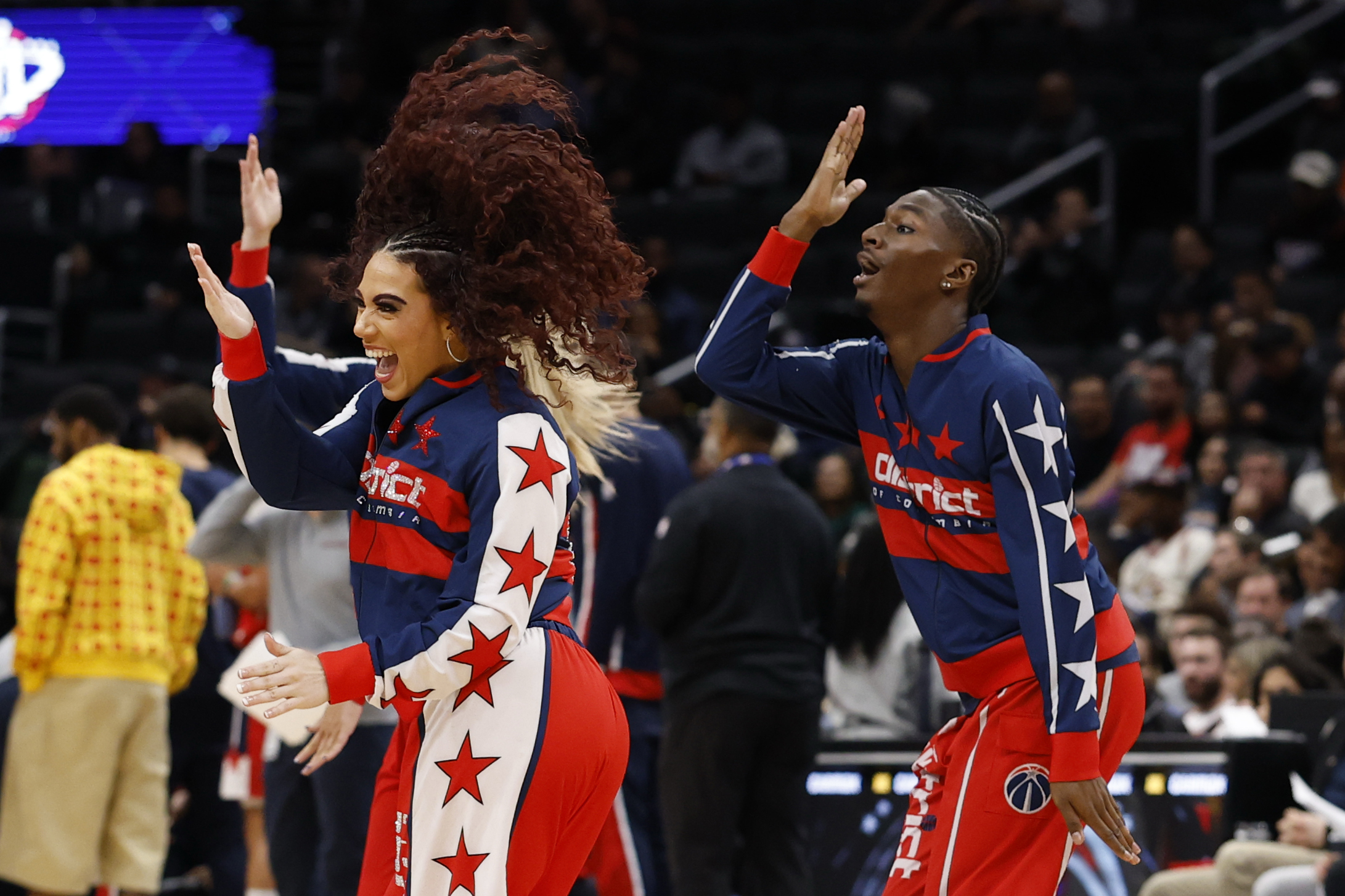 Oct 28, 2025; Washington, District of Columbia, USA; Members of the Washington Wizards Dancers dance during a timeout against the Philadelphia 76ers in the fourth quarter at Capital One Arena. Mandatory Credit: Geoff Burke-Imagn Images