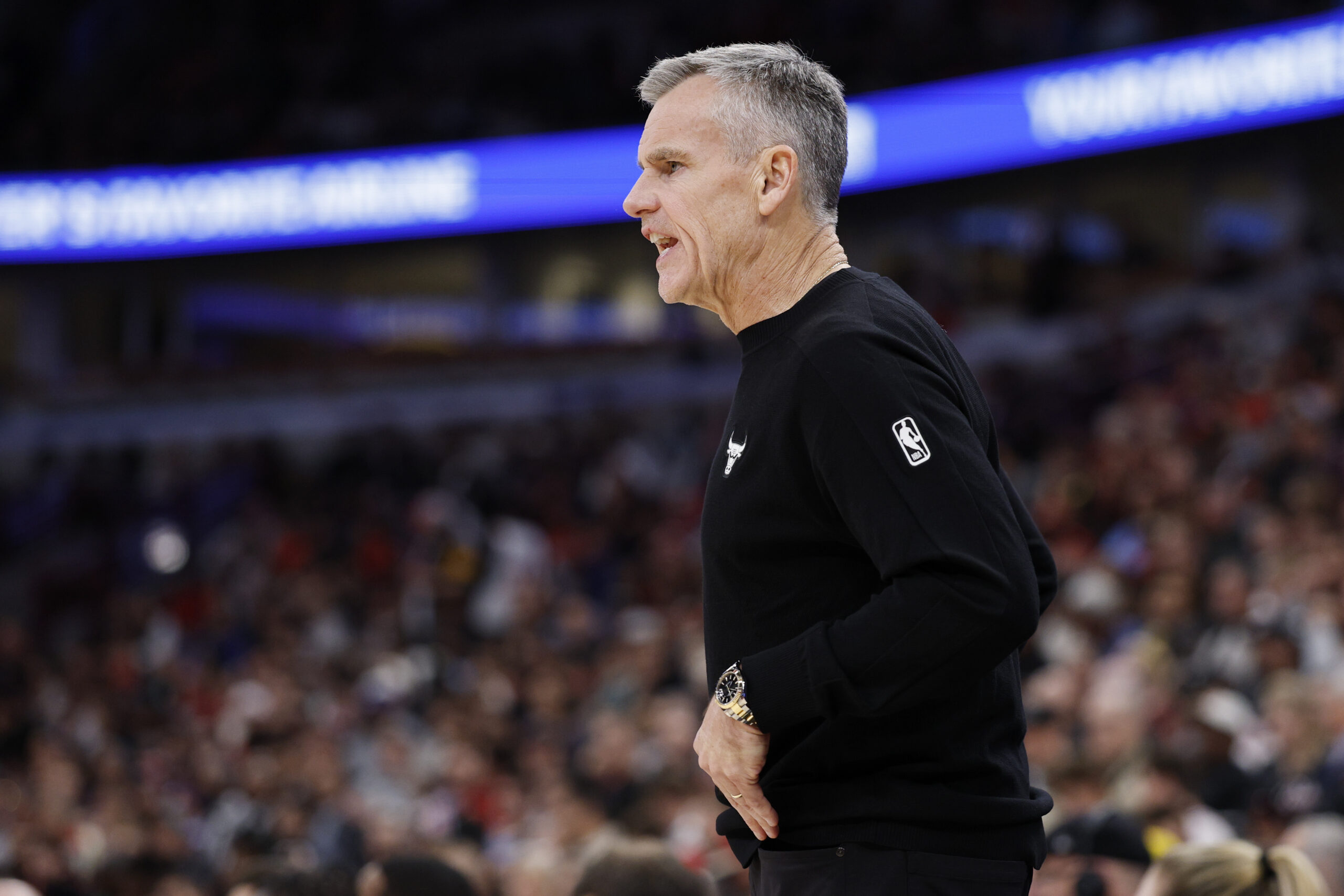 Oct 29, 2025; Chicago, Illinois, USA; Chicago Bulls head coach Billy Donovan directs his team against the Sacramento Kings during the first half at United Center. Mandatory Credit: Kamil Krzaczynski-Imagn Images