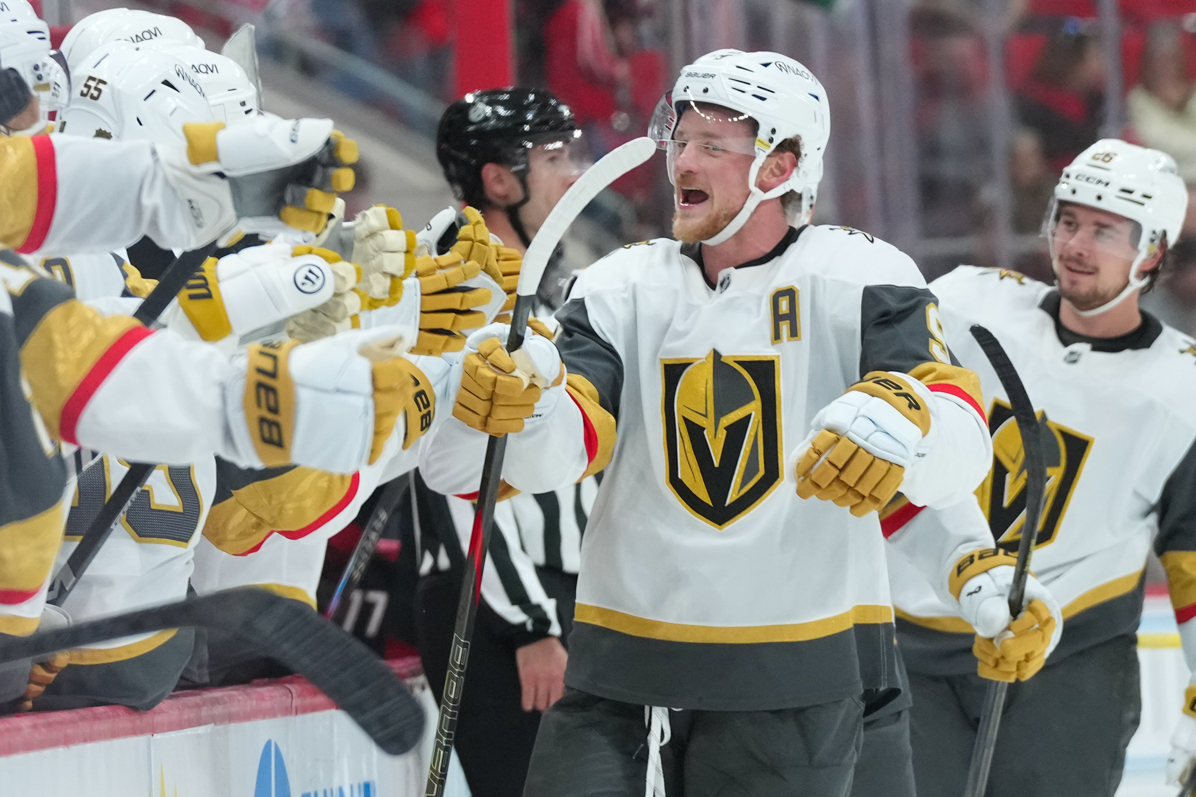 Oct 28, 2025; Raleigh, North Carolina, USA;  Vegas Golden Knights center Jack Eichel (9) celebrates his goal against the Carolina Hurricanes during the third period at Lenovo Center. Mandatory Credit: James Guillory-Imagn Images