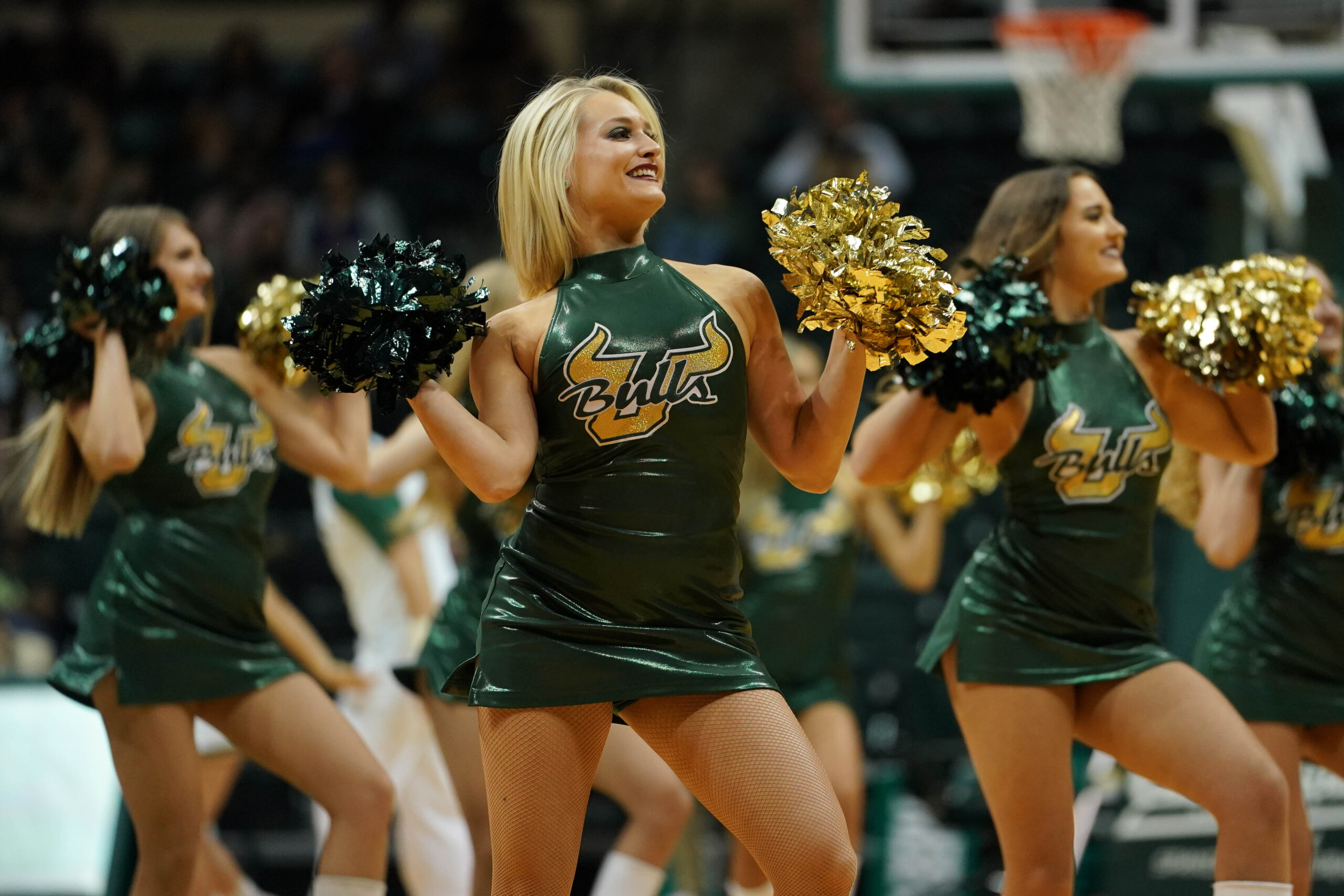 Mar 4, 2018; Tampa, FL, USA; South Florida Bulls cheerleaders perform during a time out in the game between the South Florida Bulls and the Southern Methodist Mustangs in the second half at USF Sun Dome. Mandatory Credit: Jasen Vinlove-Imagn Images