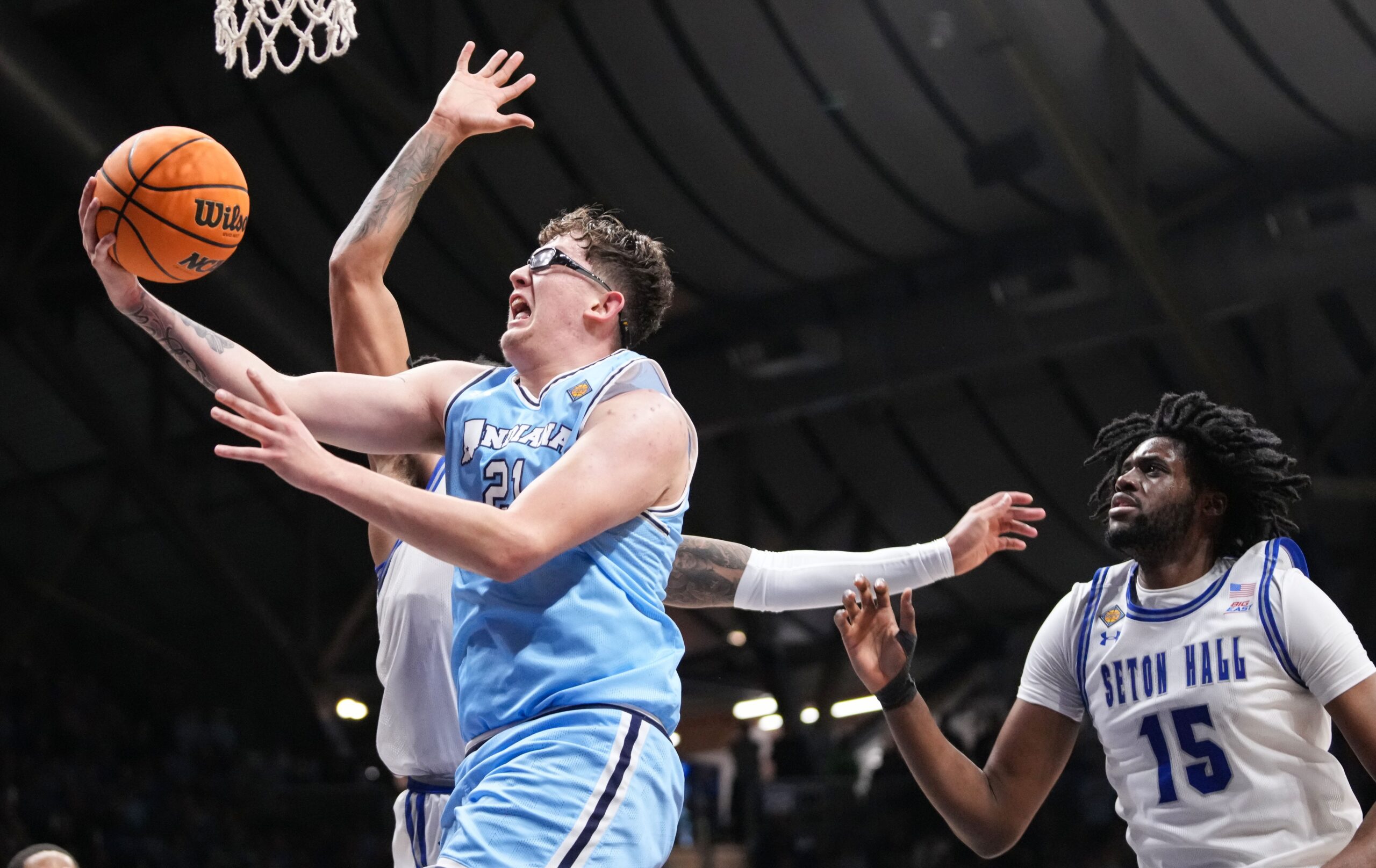 Indiana State Sycamores center Robbie Avila (21) goes in for a lay-up Thursday, April 4, 2024, during the NIT championship game at Hinkle Fieldhouse in Indianapolis. The Seton Hall Pirates defeated the Indiana State Sycamores, 79-77.