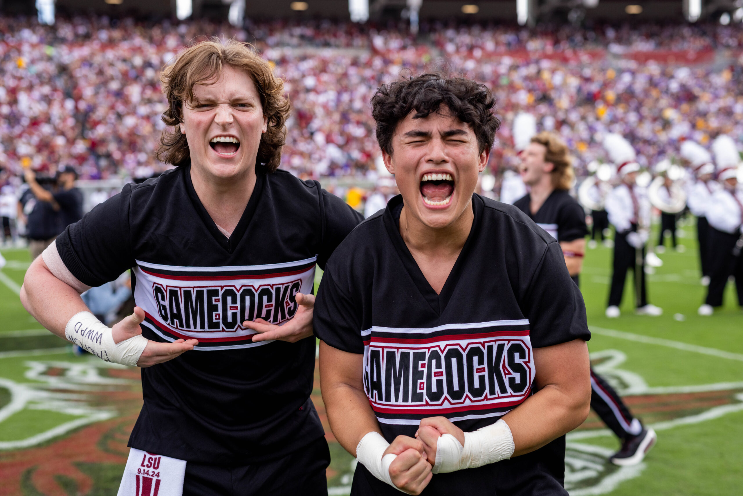 Sep 14, 2024; Columbia, South Carolina, USA; South Carolina Gamecocks cheerleaders perform before a game against the LSU Tigers at Williams-Brice Stadium. Mandatory Credit: Scott Kinser-Imagn Images