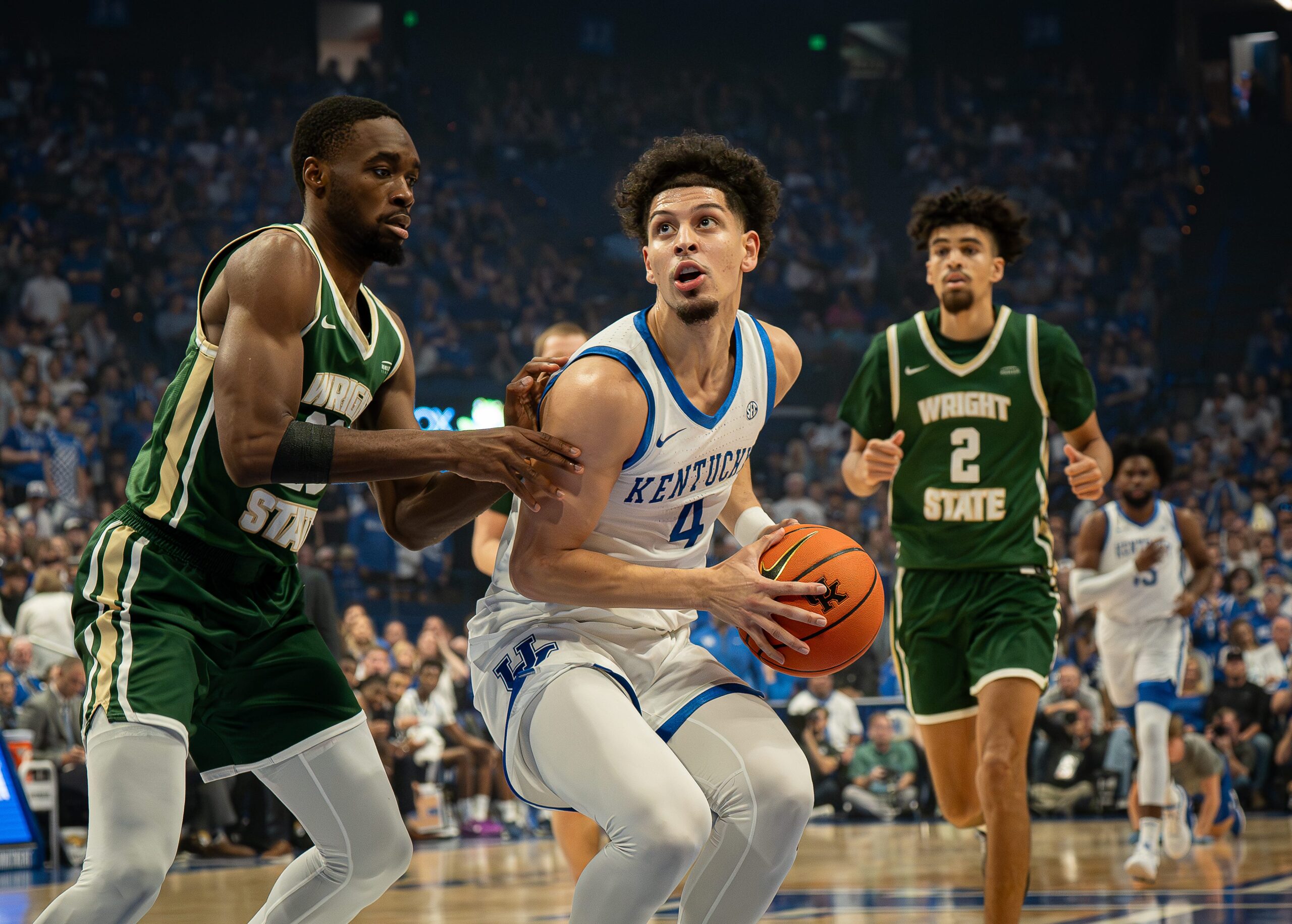Kentucky's Koby Brea (4) drove to the basket during the Wildcats' season-opening game against Wright State at Rupp Arena in Lexington, Ky. The Wildcats defeated the Raiders 103-62. November 4, 2024.