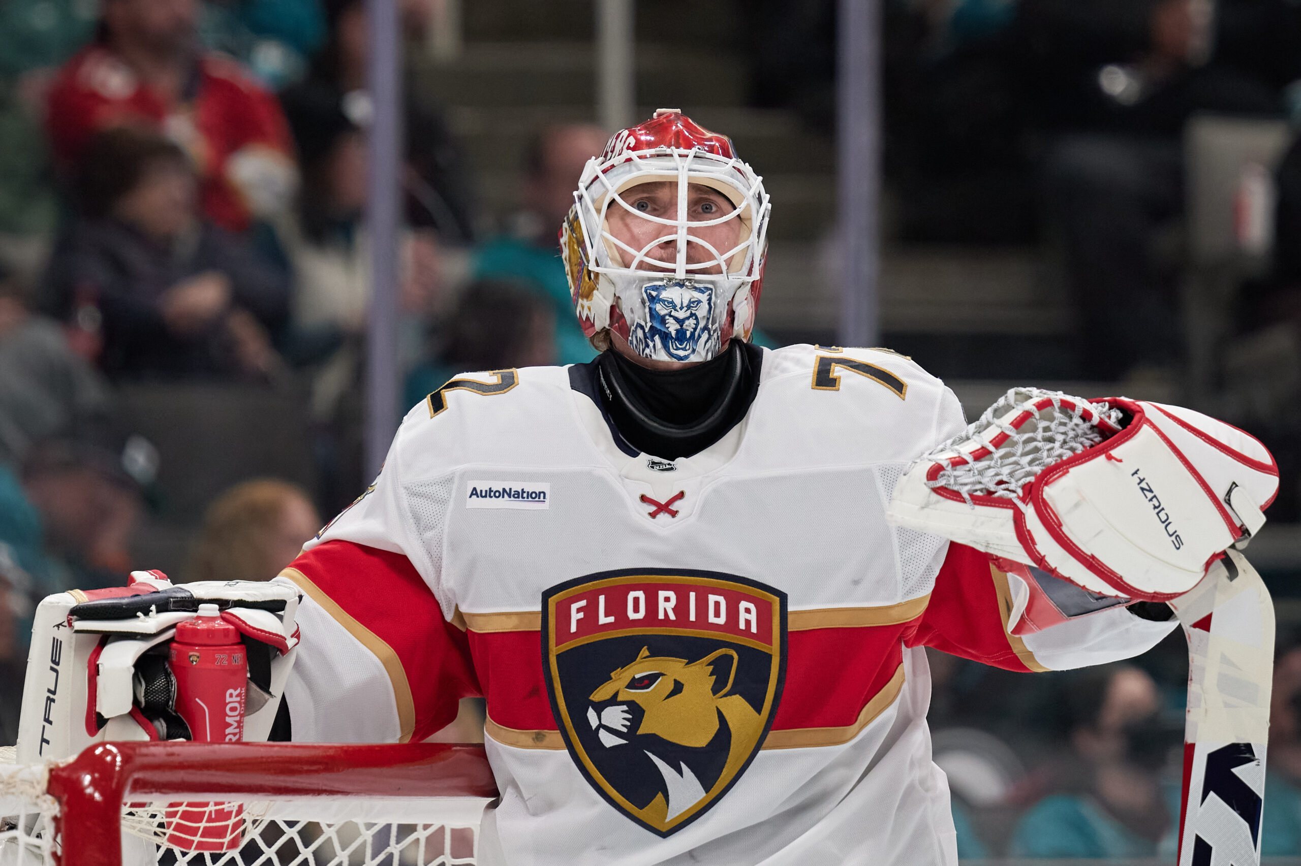 Jan 25, 2025; San Jose, California, USA; Florida Panthers goaltender Sergei Bobrovsky (72) waits for play to resume against the San Jose Sharks during the second period at SAP Center at San Jose. Mandatory Credit: Robert Edwards-Imagn Images