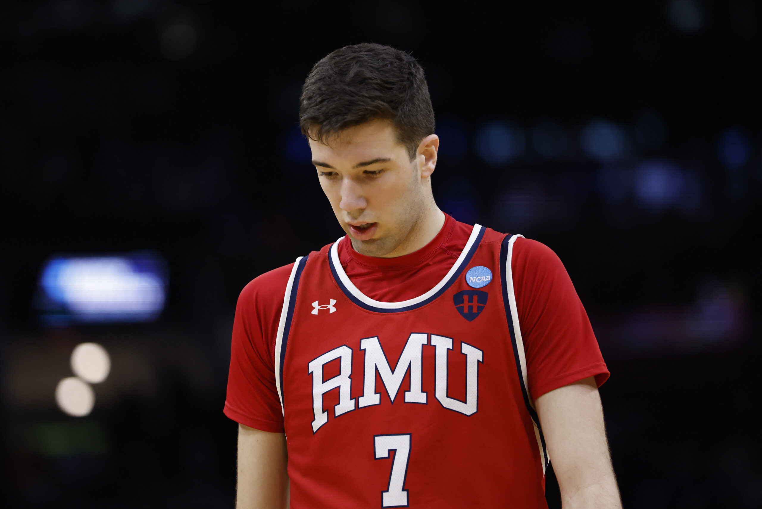 Mar 21, 2025; Cleveland, OH, USA; Robert Morris Colonials forward Alvaro Folgueiras (7) reacts in the second half against the Alabama Crimson Tide during the NCAA Tournament First Round at Rocket Arena. Mandatory Credit: Rick Osentoski-Imagn Images
