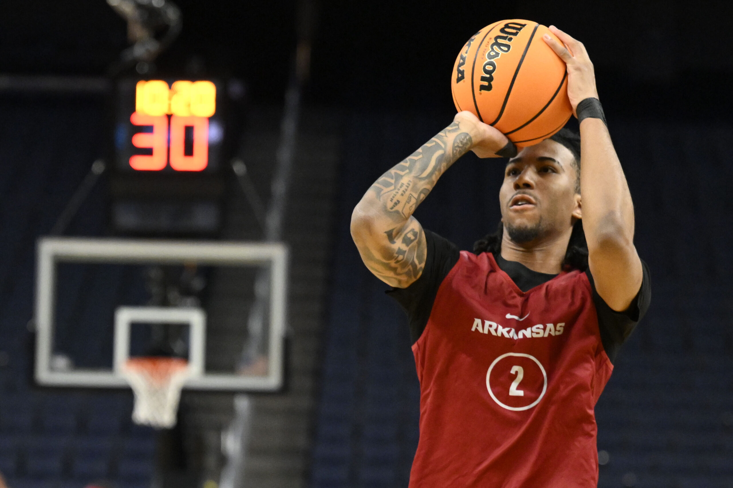 Mar 26, 2025; San Francisco, CA, USA; Arkansas Razorbacks guard Boogie Fland (2) shoots the basketball during NCAA Tournament West Regional Practice at Chase Center. Mandatory Credit: Eakin Howard-Imagn Images