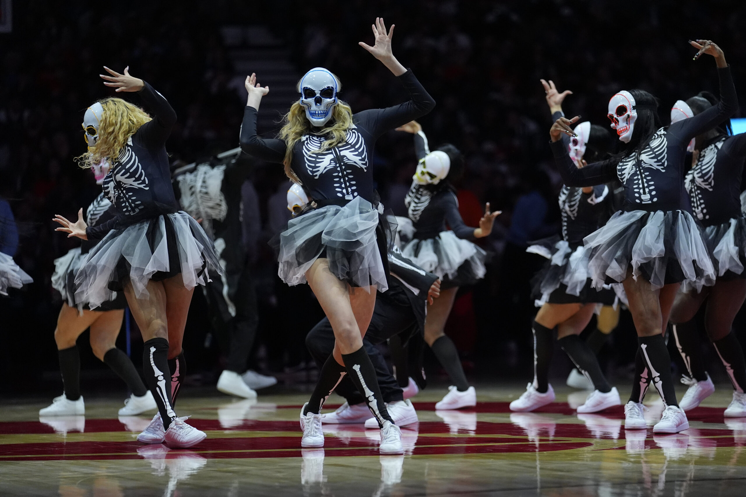 Oct 29, 2025; Toronto, Ontario, CAN; The Toronto Raptors dance team performs during a break in the action against the Houston Rockets at Scotiabank Arena. Mandatory Credit: John E. Sokolowski-Imagn Images