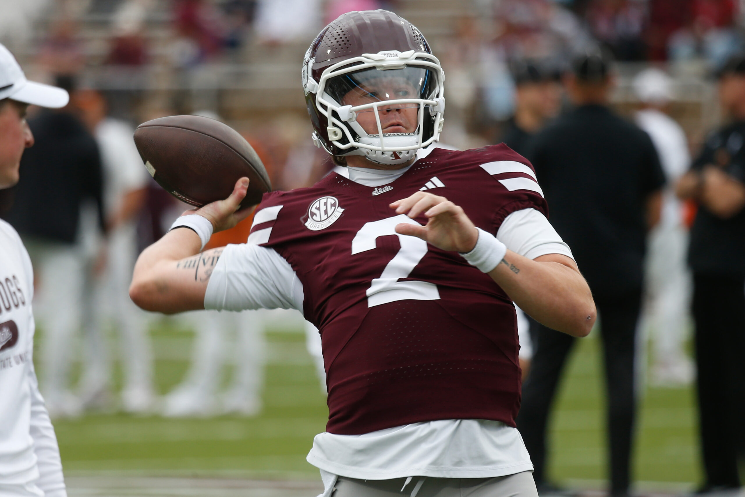Oct 25, 2025; Starkville, Mississippi, USA; Mississippi State Bulldogs quarterback Blake Shapen (2) passes the ball during warm ups  prior to the game against the Texas Longhorns at Davis Wade Stadium at Scott Field. Mandatory Credit: Petre Thomas-Imagn Images