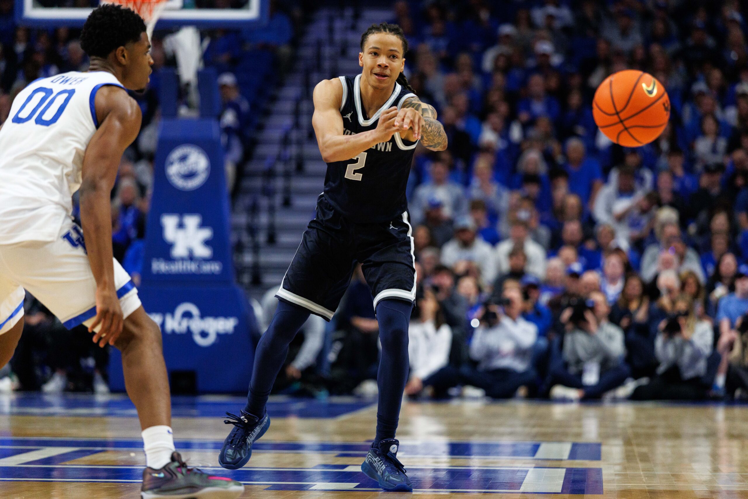 Oct 30, 2025; Lexington, KY, USA; Georgetown Hoyas guard Malik Mack (2) passes the ball during the first half against the Kentucky Wildcats at Rupp Arena at Central Bank Center. Mandatory Credit: Jordan Prather-Imagn Images