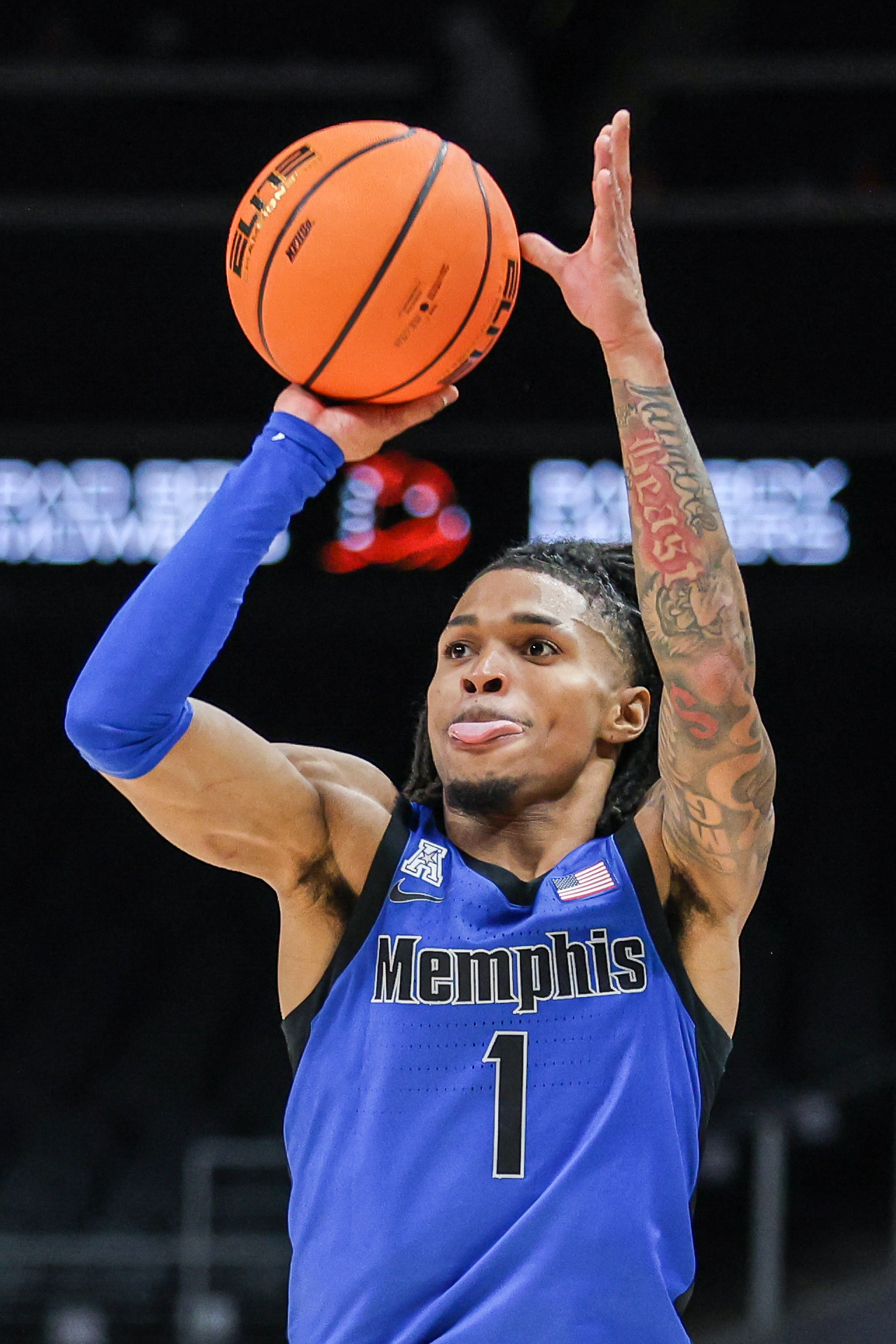 Oct 30, 2025; Atlanta, GA, USA; Memphis Tigers guard Dug McDaniel (1) shoots the ball against the Auburn Tigers during the first half at State Farm Arena. Mandatory Credit: Jordan Godfree-Imagn Images