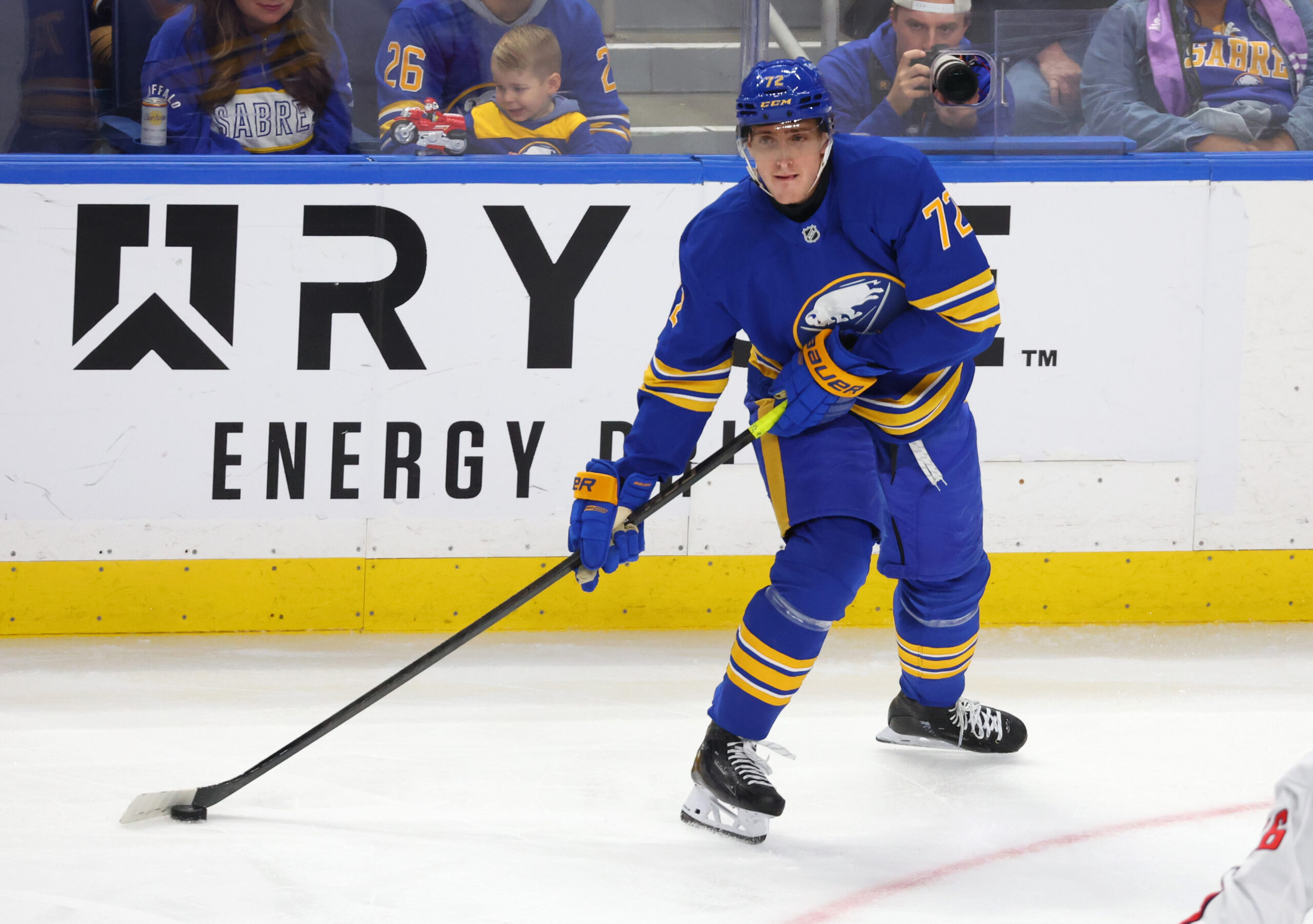 Nov 1, 2025; Buffalo, New York, USA;  Buffalo Sabres center Tage Thompson (72) looks to make a pass during the third period against the Washington Capitals at KeyBank Center. Mandatory Credit: Timothy T. Ludwig-Imagn Images